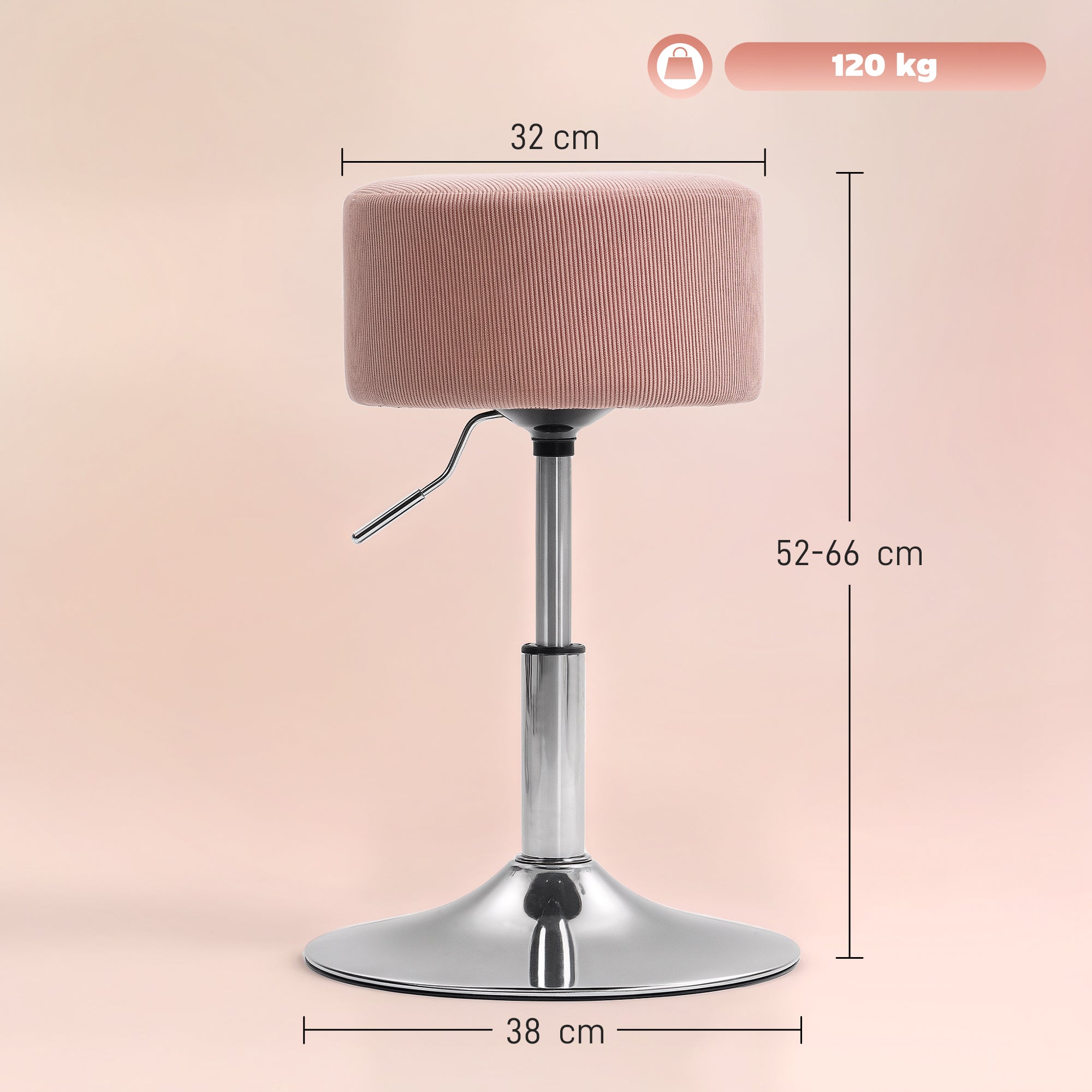 HOMCOM Barhocker, Gepolstert Barstuhl mit Metallgestell, Cordoptik, Höhenverstellbar 360° Drehbar Rosa