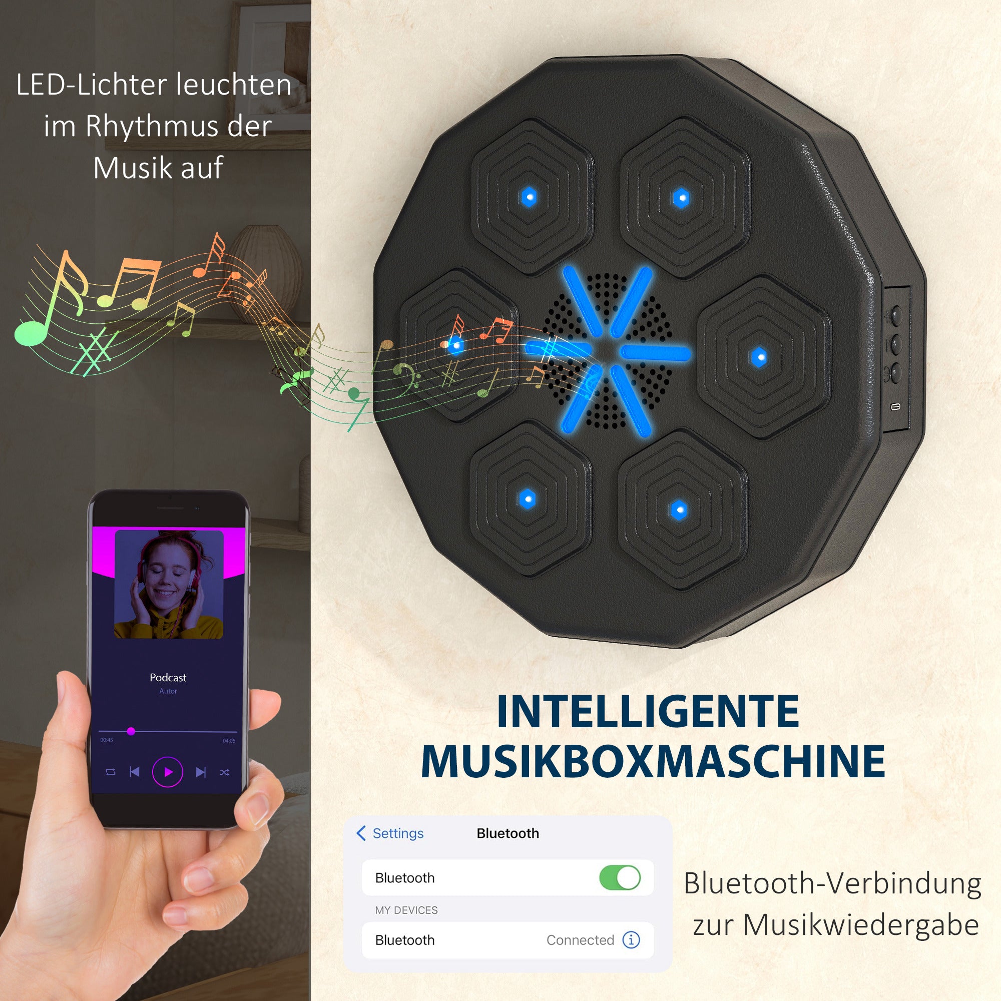SPORTNOW Boxtrainer mit Musikfunktion, Bluetooth, leuchtende Punkte, Wandaufhängung, Kunstleder, Schwarz