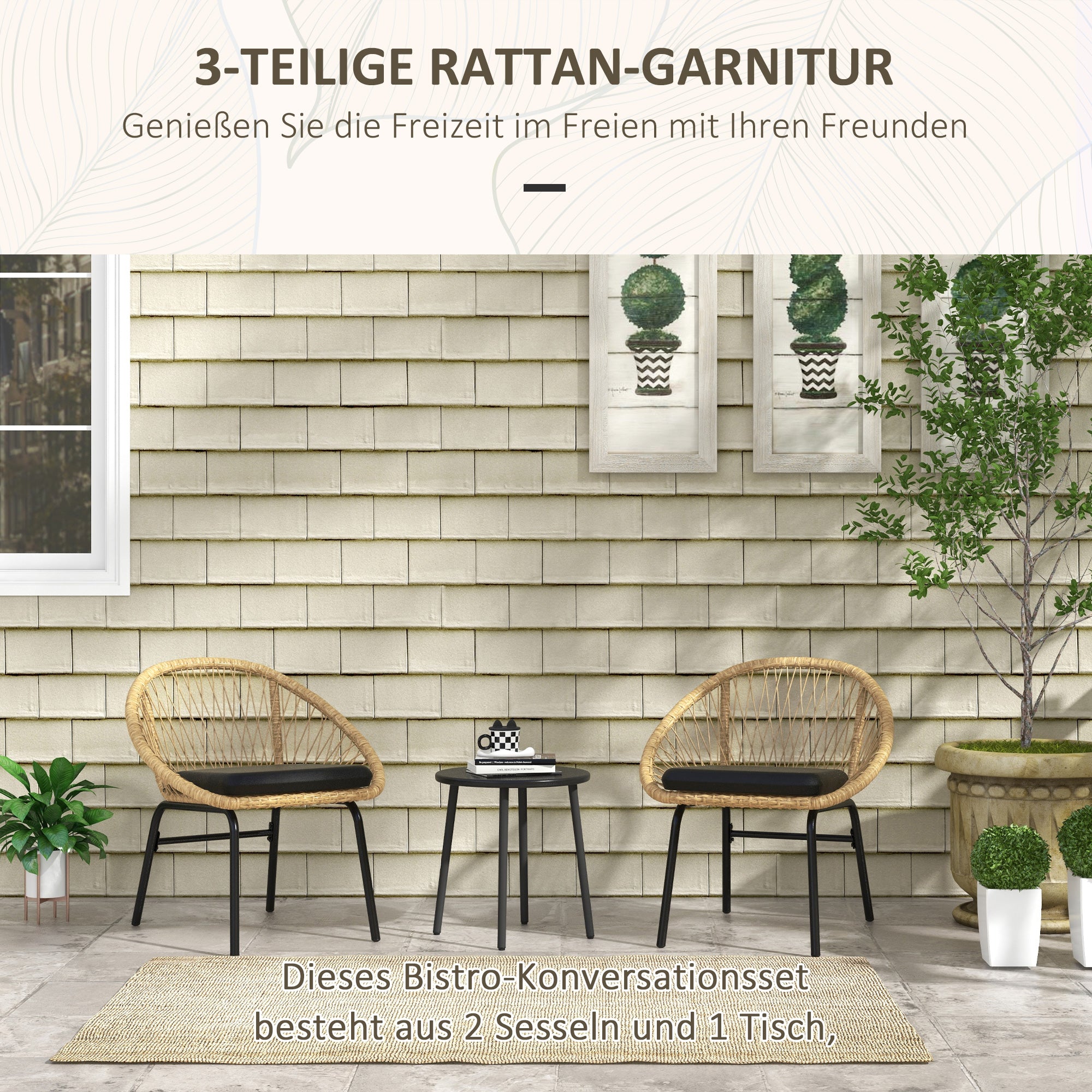 Outsunny Rattan Terrassengarnitur, Gartenmöbel-Set, 2 Sessel & Tisch, Gelb