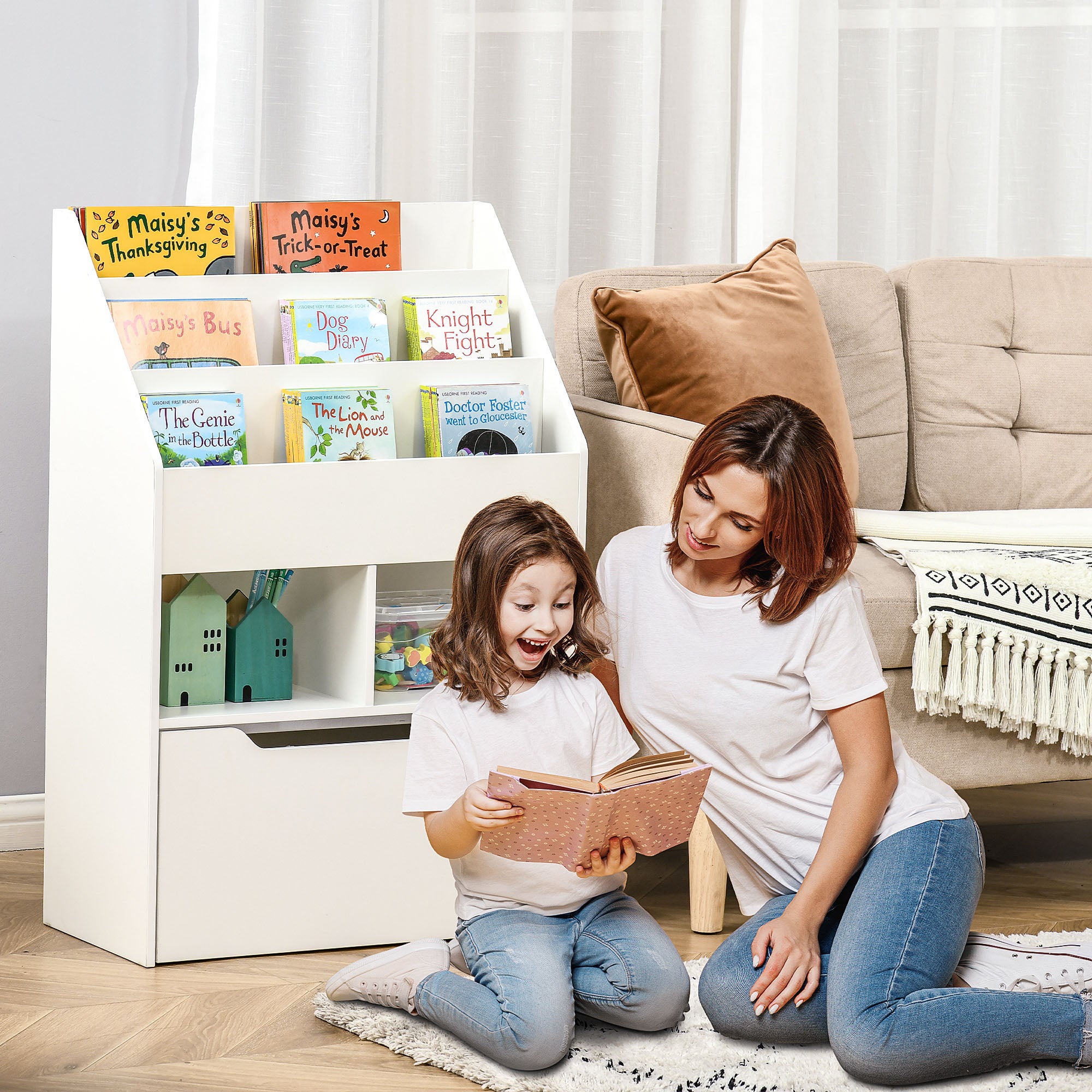 HOMCOM Kinderregal mit Schublade, Bücherregal mit Fächern, 60 x 29,9 x 90 cm, Weiß