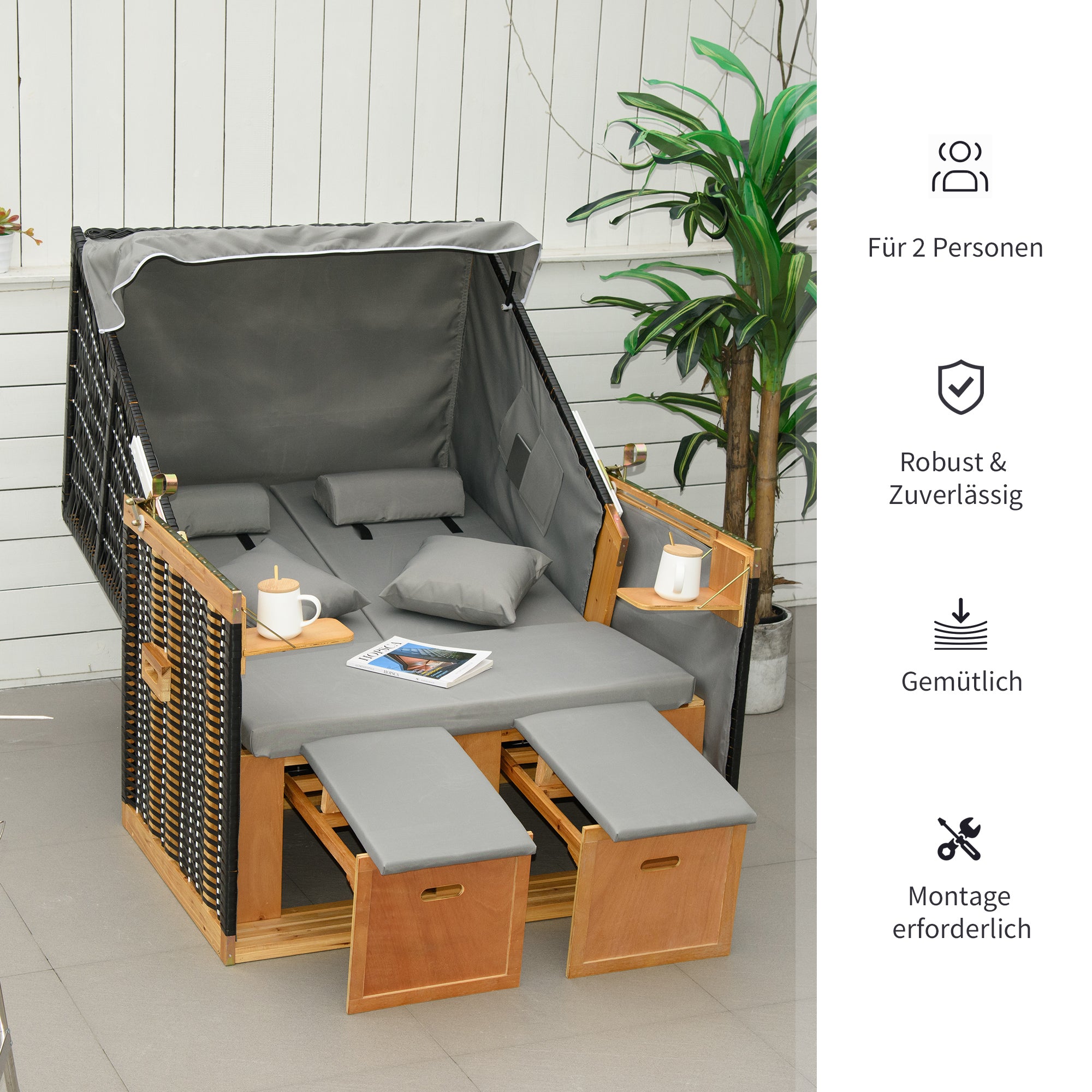 Outsunny Strandkorb für 2 Personen, inkl. Kissen, Nackenrolle und Fußstützen, wetterbeständig, hellgrau