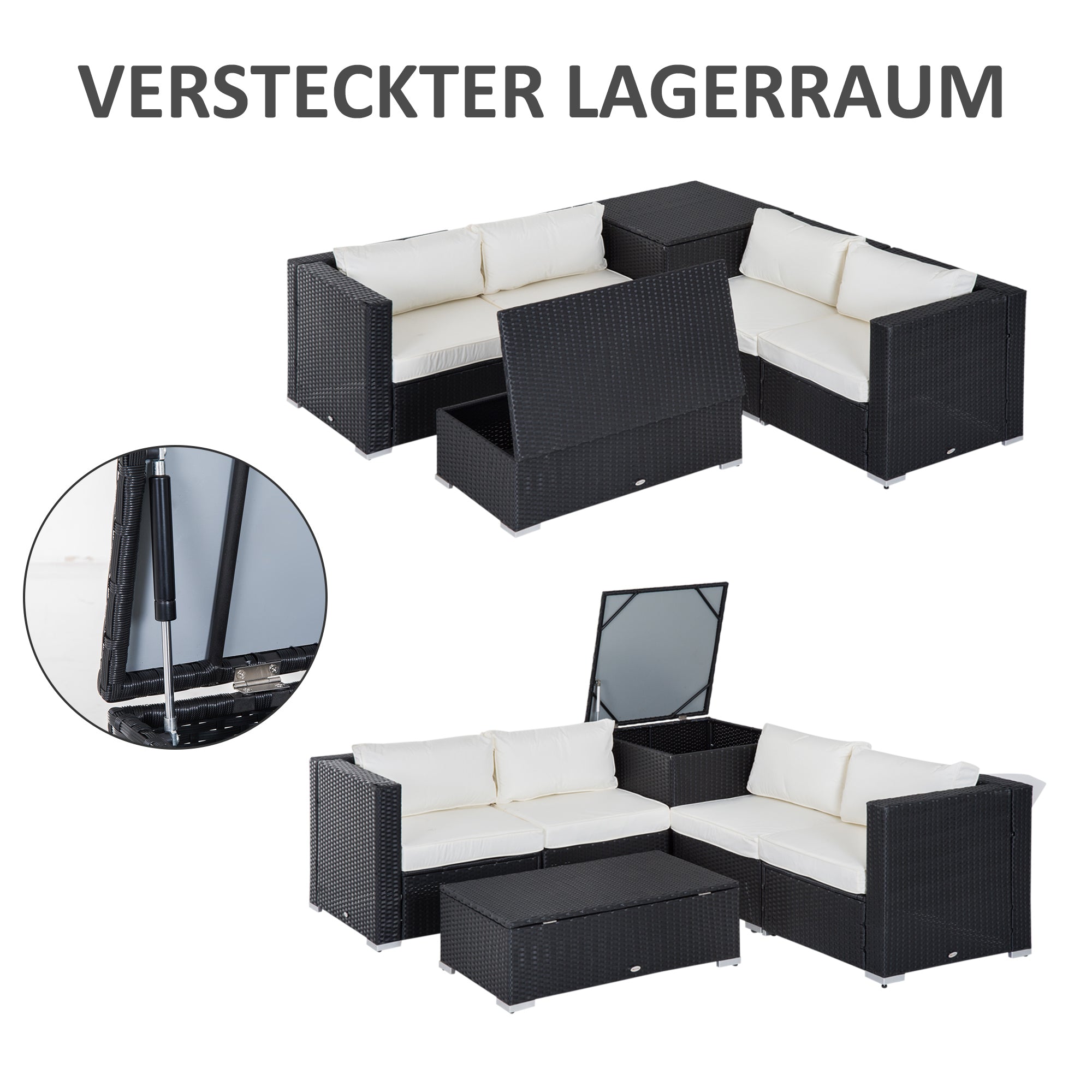 Outsunny Polyrattan Gartenmöbel Set für 4 Personen Sitzgarnitur mit Kissen Sitzgruppe Tisch mit Stauraum Schwarz+Creme
