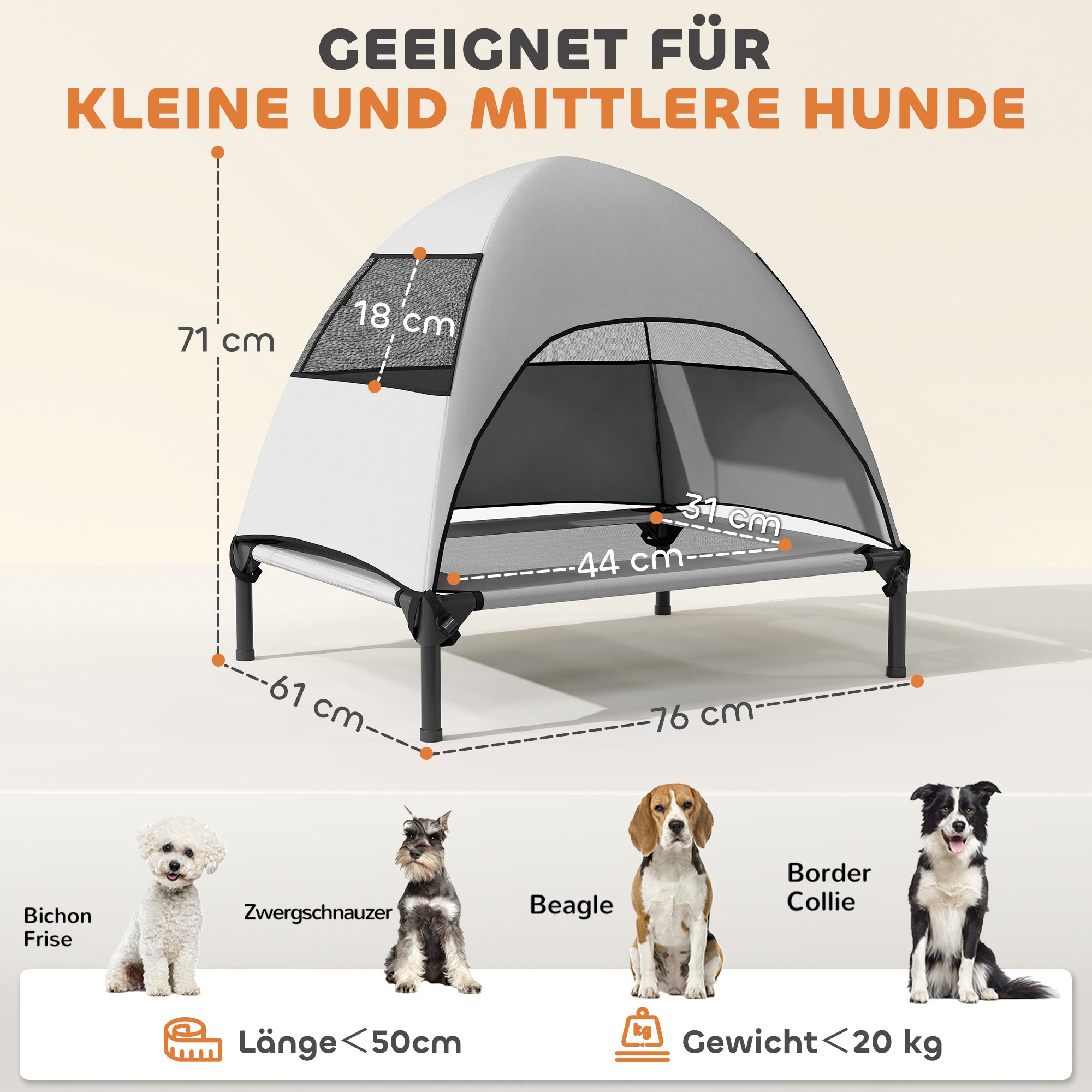 PawHut Hundeliege Outdoor mit Dach, Erhöhtes Hundebett für Mittelgroße Hunde, 76 x 61 x 71cm, Hellgrau