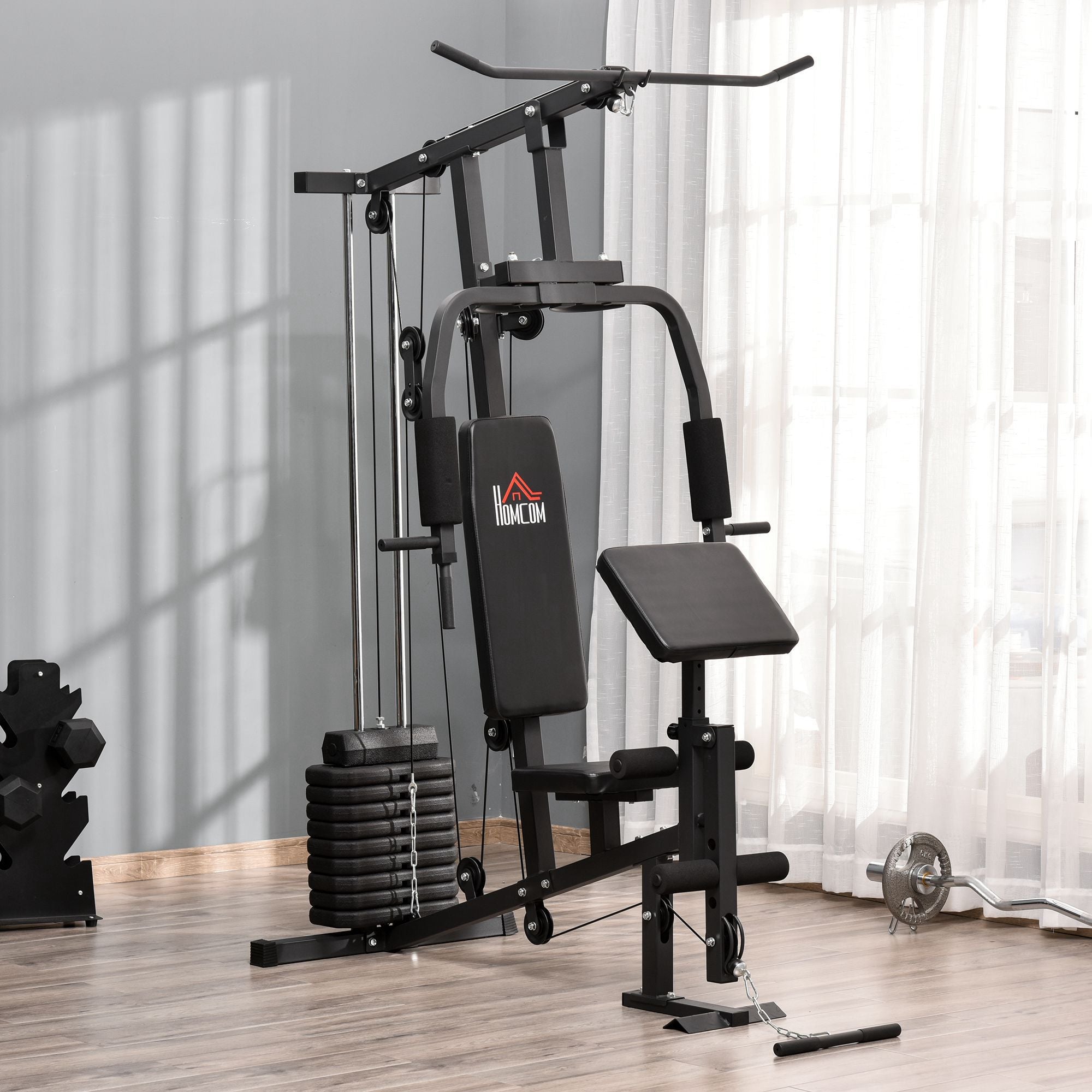 HOMCOM Kraftstation für Zuhause Fitnessstation mit Latzuggerät, Kabelzug, kurzer Bizepsstange, Brustpresse, Beintrainer, Butterfly-Maschine 45kg Gewichten Multifunktion Fitnessstation Schwarz