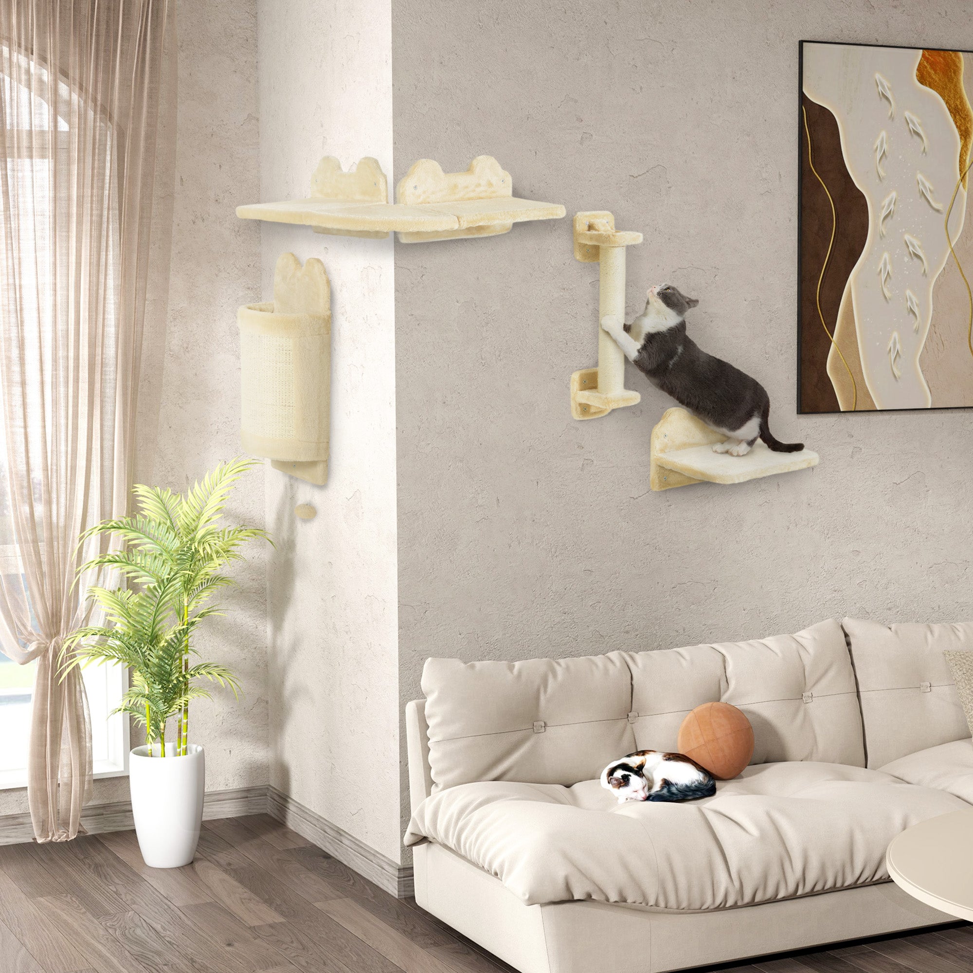 PawHut Katzentreppen-Set, 4-teilig, Kletterwand, Kratzbaum, Plüschbezug/Sisal, Beige