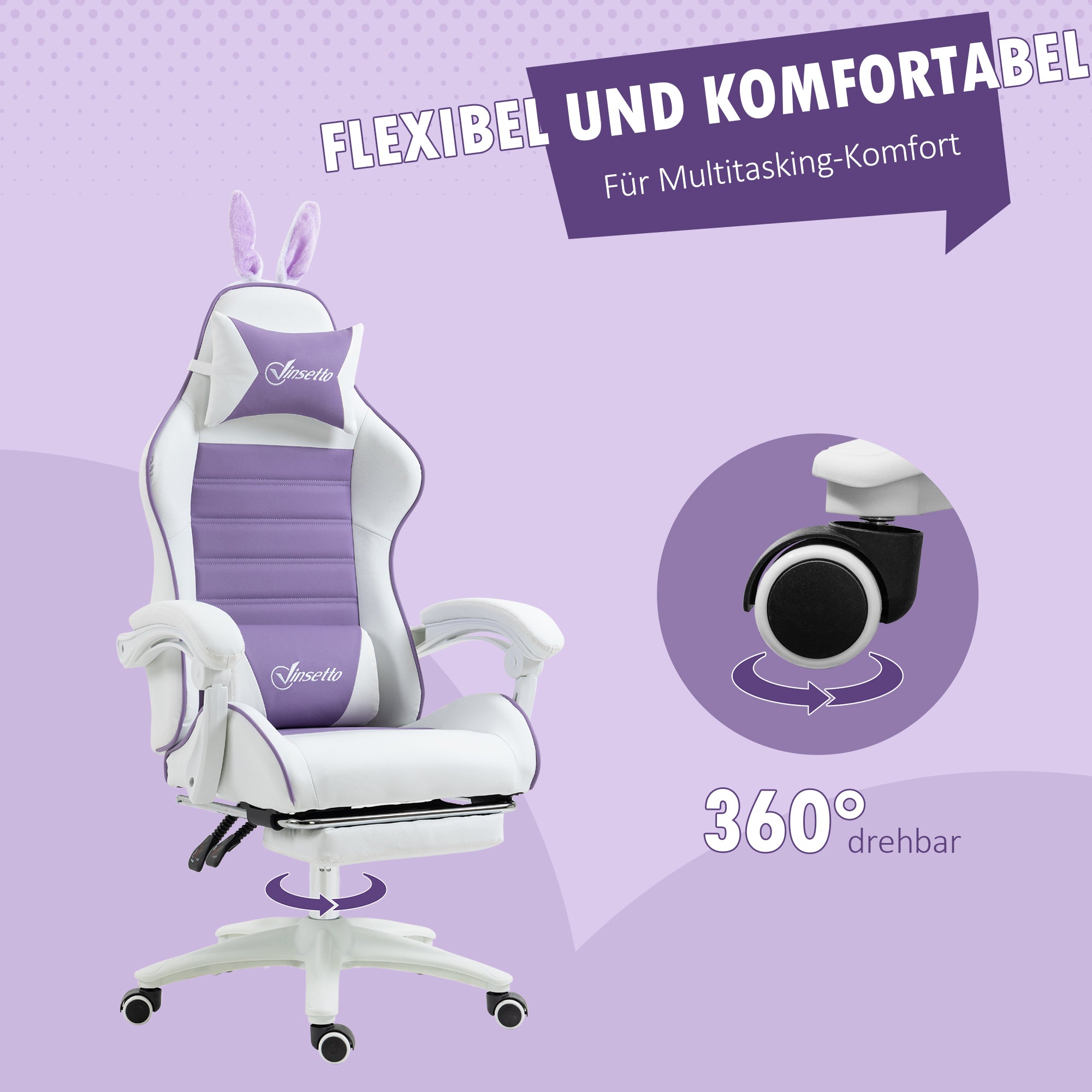 Vinsetto Gaming Stuhl Ergonomischer Gamer Stuhl mit Lendenwirbelstütze, Fußstütze Hasenohren Kopfkissen Violett