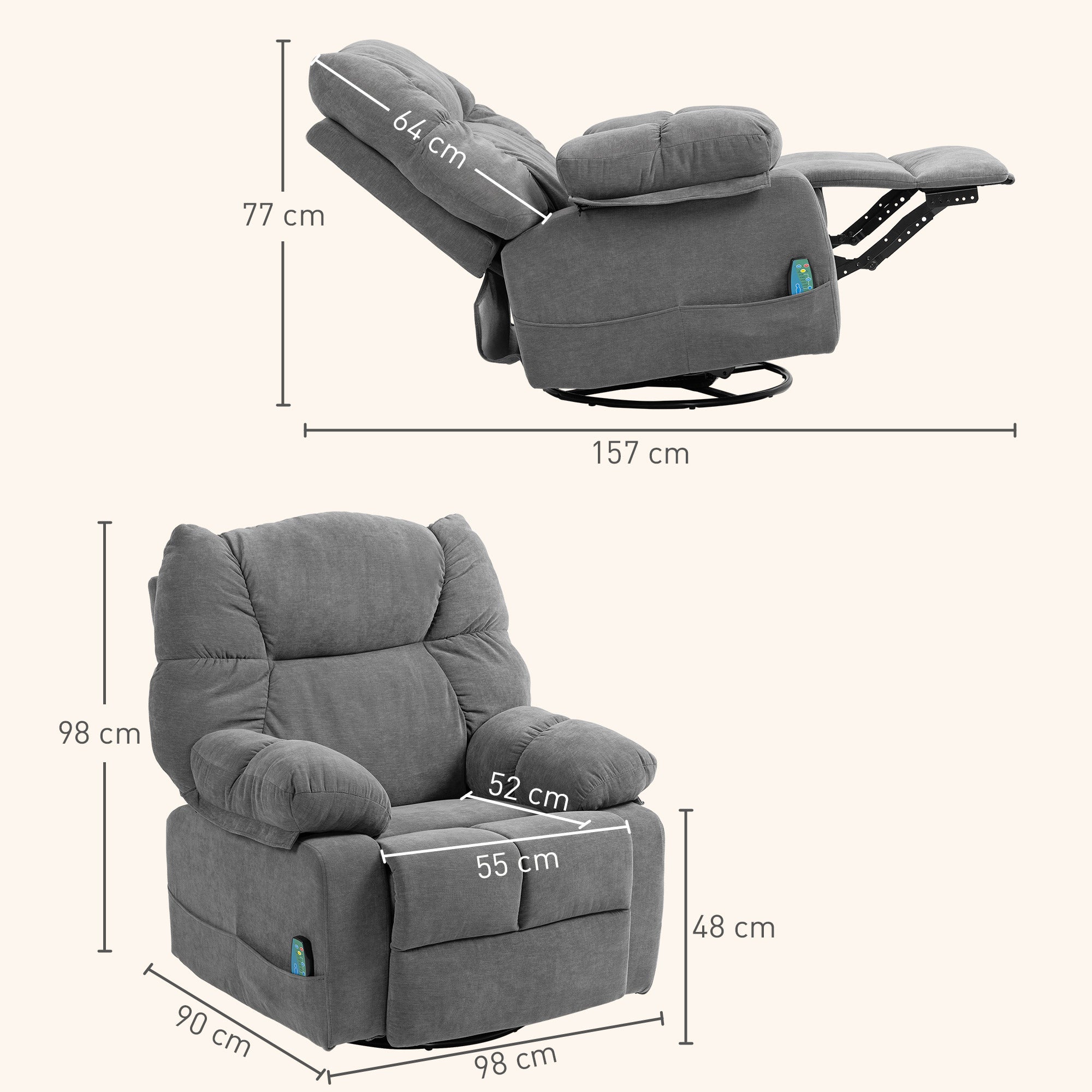 HOMCOM Relaxsessel mit Massagefunktion, Liegefunktion, Drehbarer Massagesessel, 4 Seitentaschen und Fernbedienung, Dunkelgrau