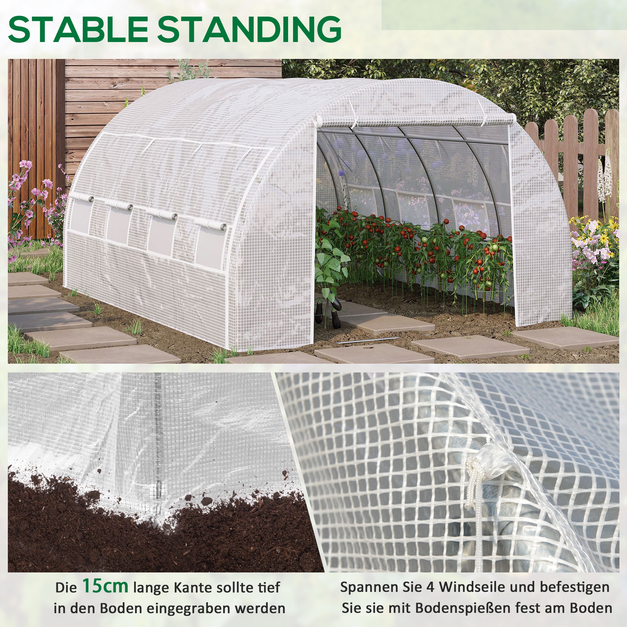 Outsunny Tunnel-Gewächshaus, begehbar, aufrollbare Wände, Tür mit Reißverschluss, verzinkter Stahlrahmen, 4 x 3 x 2 m, Weiß