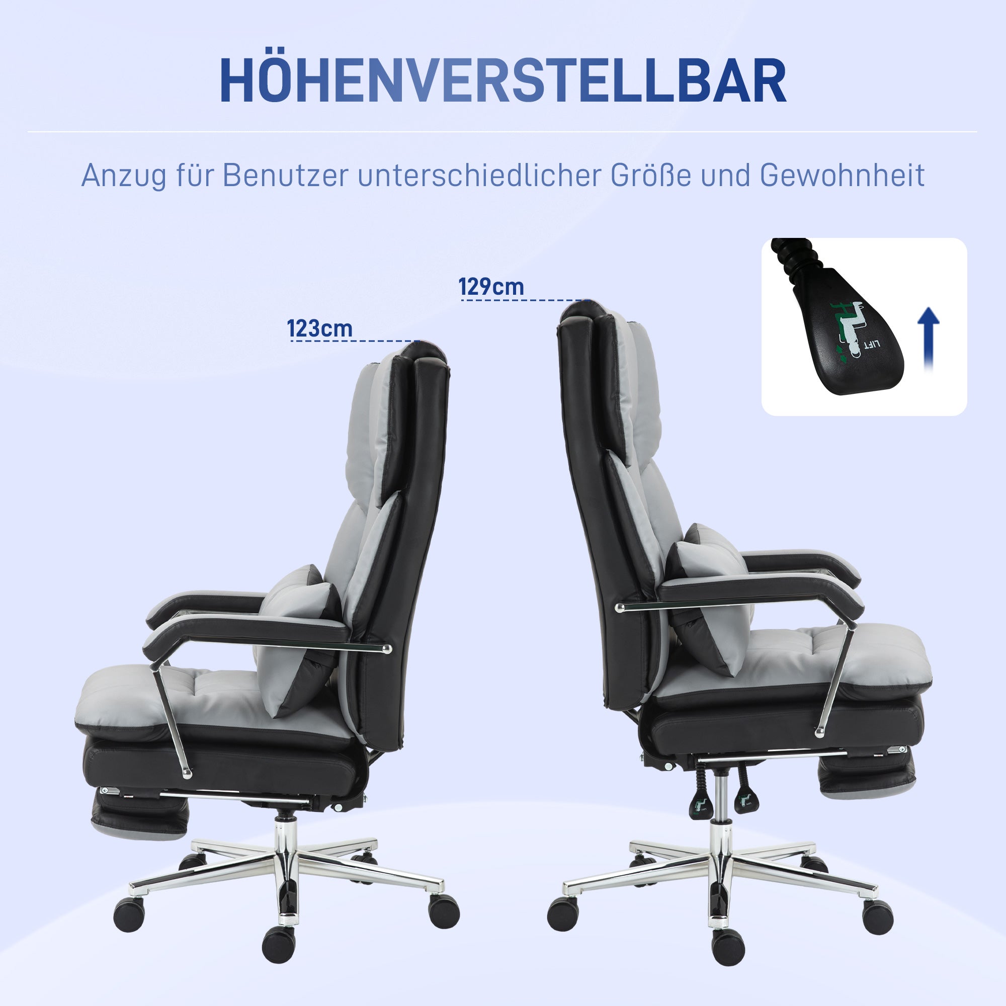 HOMCOM Bürostuhl, ergonomisch, verstellbar, 63x71x123-129cm, Hellgrau/Schwarz
