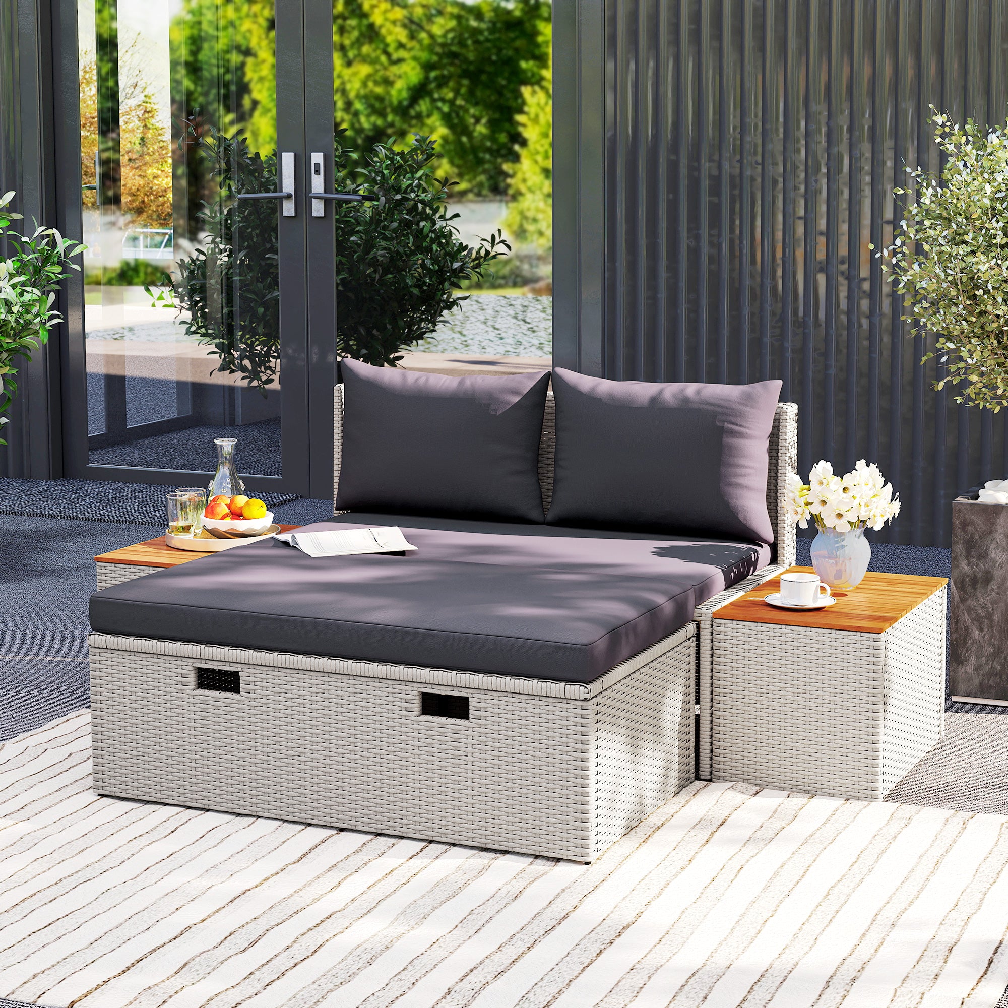 Outsunny Polyrattan Sonnenliege für 2 Personen Doppelliege mit Fußhocker Stauraum Auflagen 125x114x72,5 cm Grau