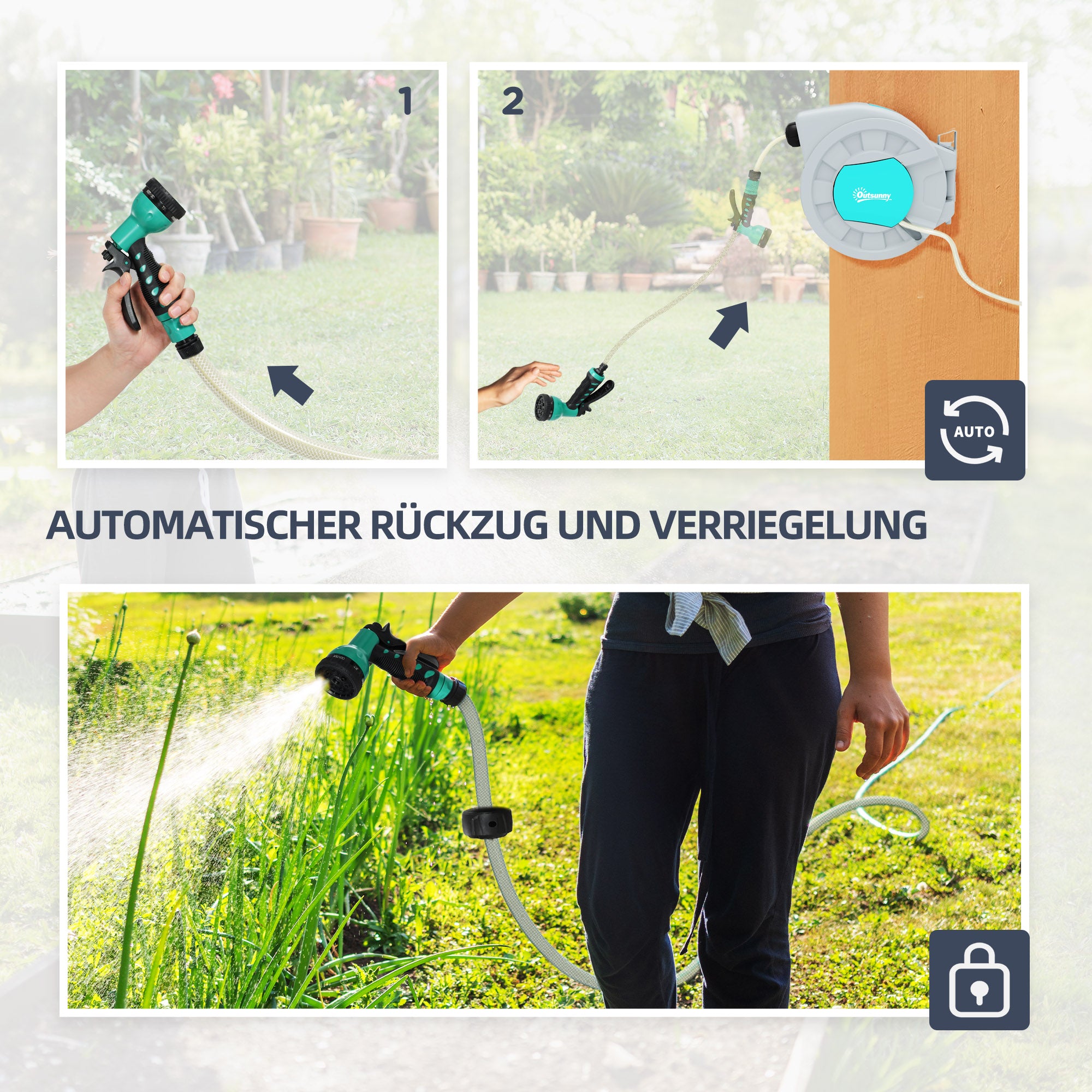 Outsunny Gartenschlauchhalter, 20+2 Meter Gartenschlauch in robustem Gehäuse, Wandhalterung, 7 Sprühmuster, 180° drehbar, Grau