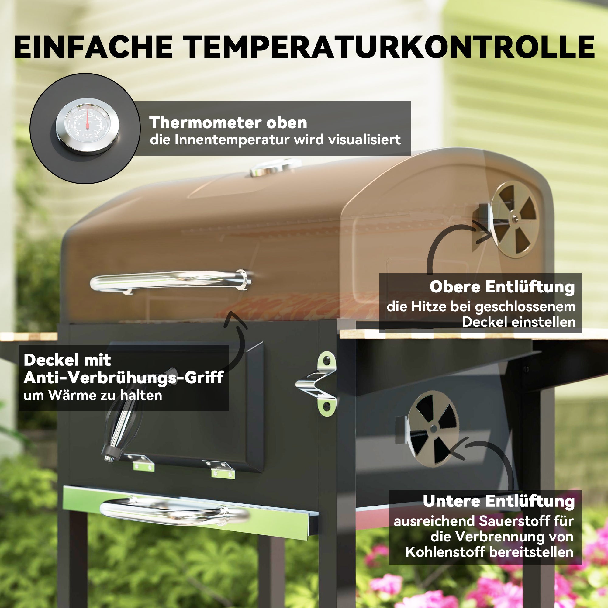 Outsunny Holzkohlegrill, höhenverstellbare Kohlenpfanne, Grillwagen, Regale, Thermometer, Flaschenöffner, Stahl, Holz, Schwarz