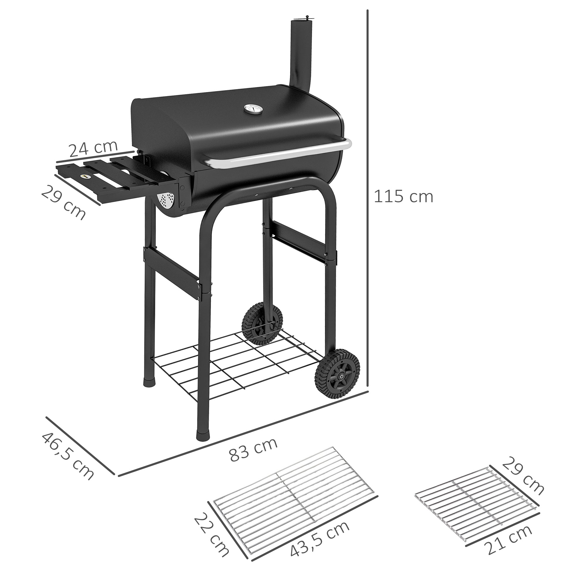Outsunny Holzkohlegrill Smoker BBQ-Grill, 1 Ablage,inkl. Thermometer, 83 x 46.5 x 115 cm, Schwarz