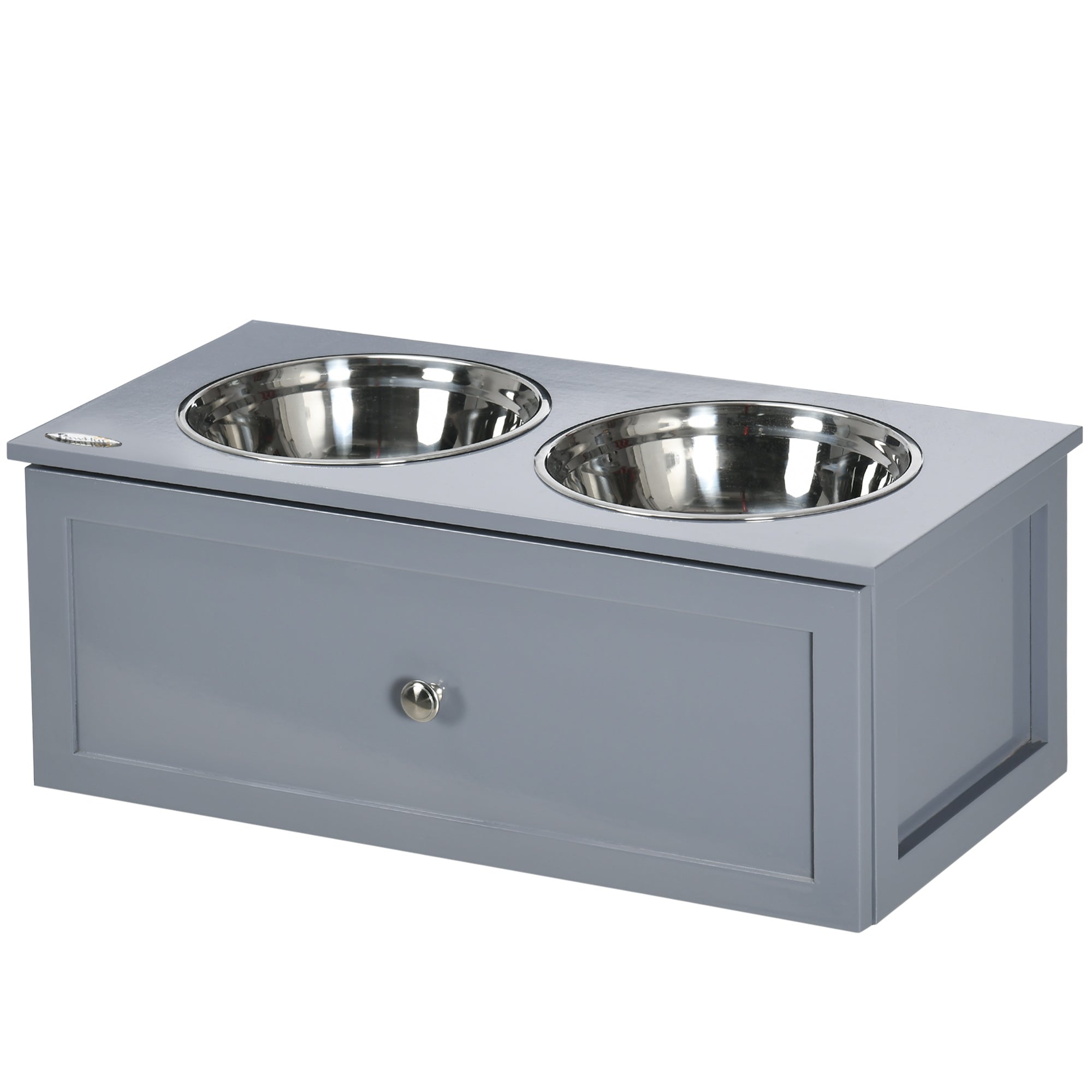 PawHut Futterstation, 2 Fressnäpfe je 2 Liter, Edelstahl, mit Schublade, für mittlere Hunde, grau, 60 x 30 x 24cm