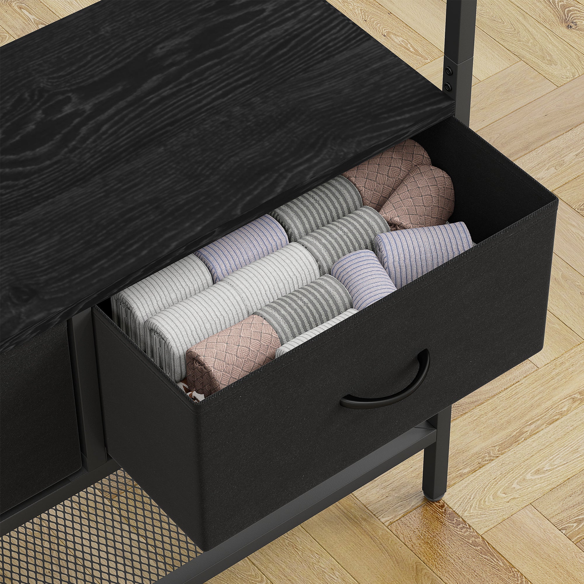 HOMCOM Garderobenständer mit Schuhregal, Kleiderständer im Industrie-Design, 2 Stoffschubladen, 8 Haken, Metallrahmen, Schwarz