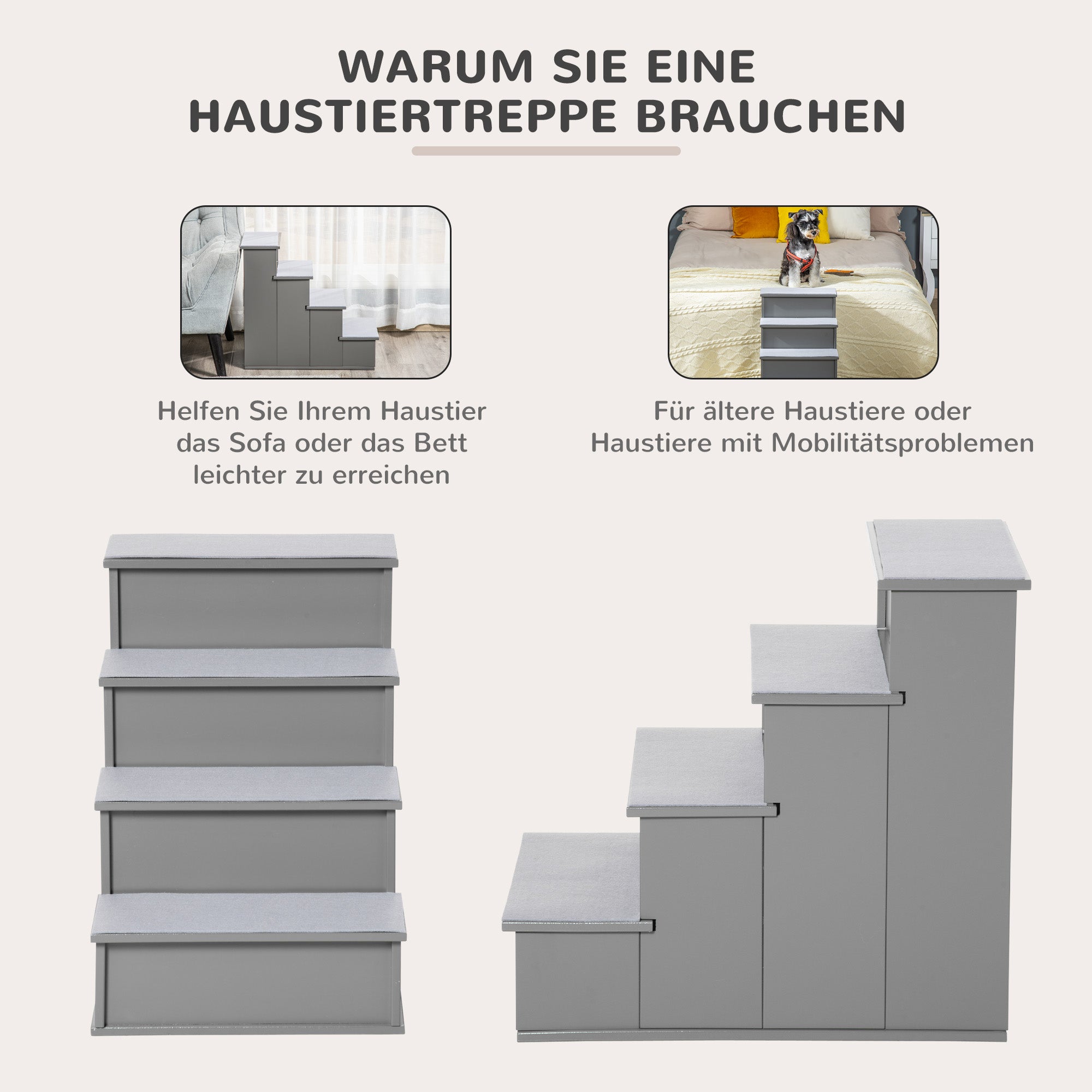 PawHut Haustiertreppe, für Hunde/Katzen, 4-stufig, Kurzplüsch, bis 30 kg, 40 x 59 x 54,2 cm, Grau