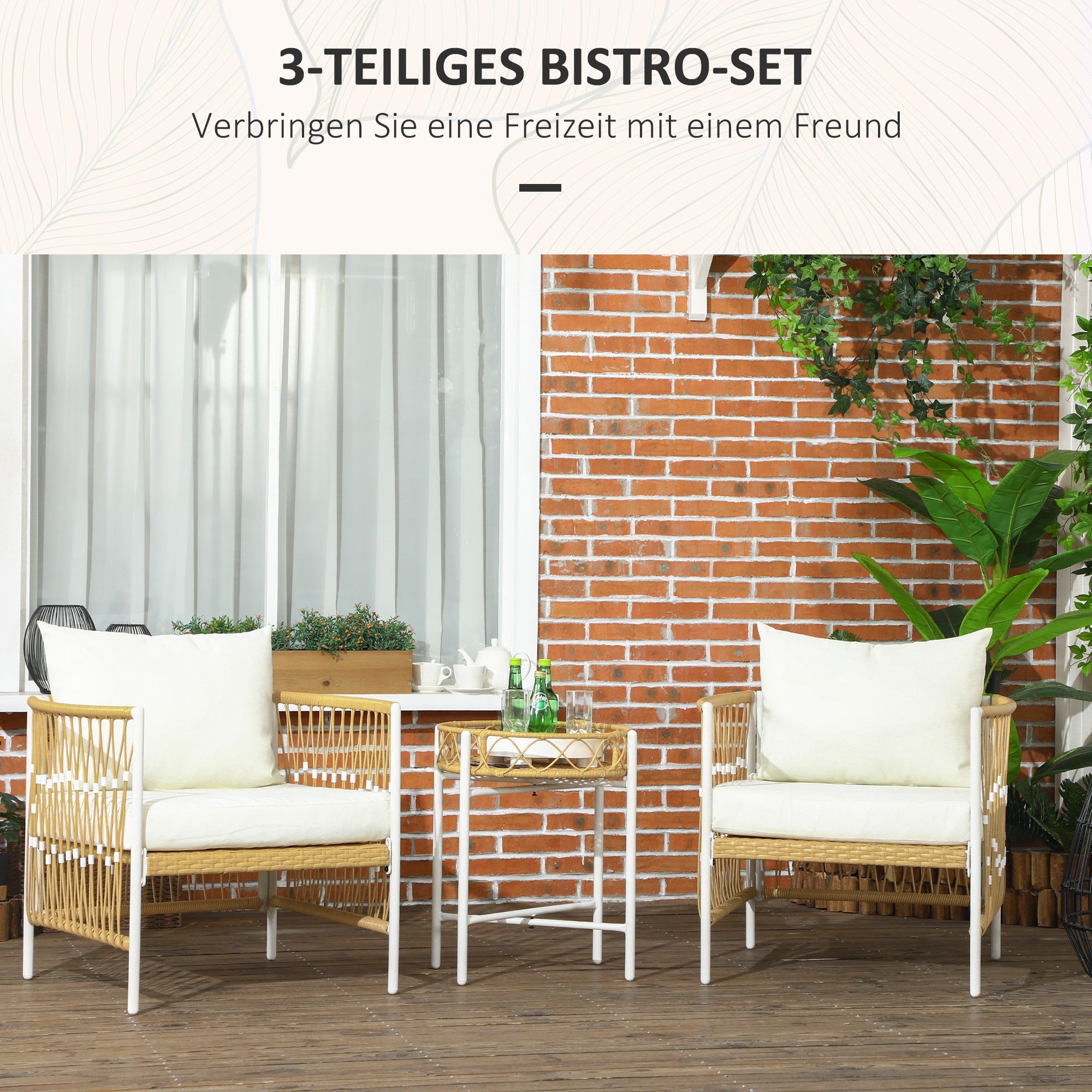 Outsunny 3-teiliges Bistro-Set Gartenmöbel-Set Gartensitzgruppe, PE-Rattan, 72 cm x 66 cm x 64 cm, Gelb+Creme