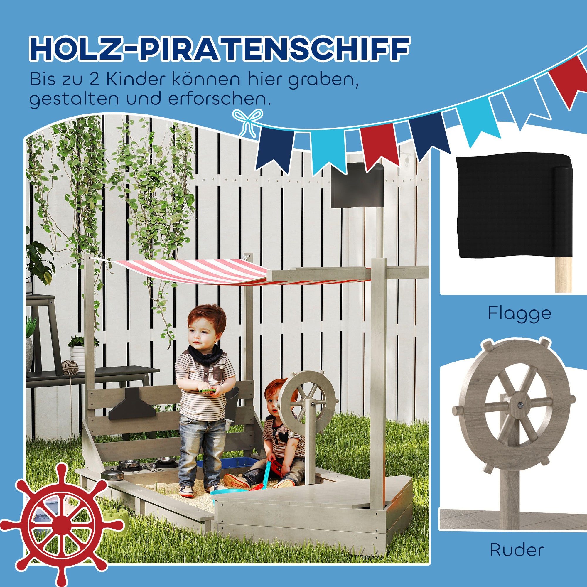 Outsunny Sandkasten mit Sonnendach Piratenschiff, inkl. Kinderküchenspielset, Massivholz, 180 x 103 x 144,5 cm, Grau