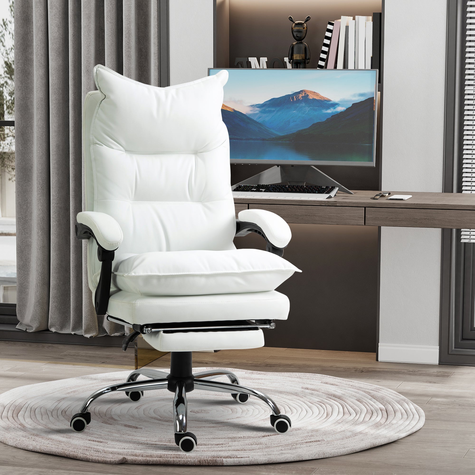 Vinsetto Bürostuhl mit Liegefunktion, ergonomisch höhenverstellbar mit Fußstütze, gepolstert, bis 135 kg belastbar, 66 x 72 x 122-130 cm, Weiß