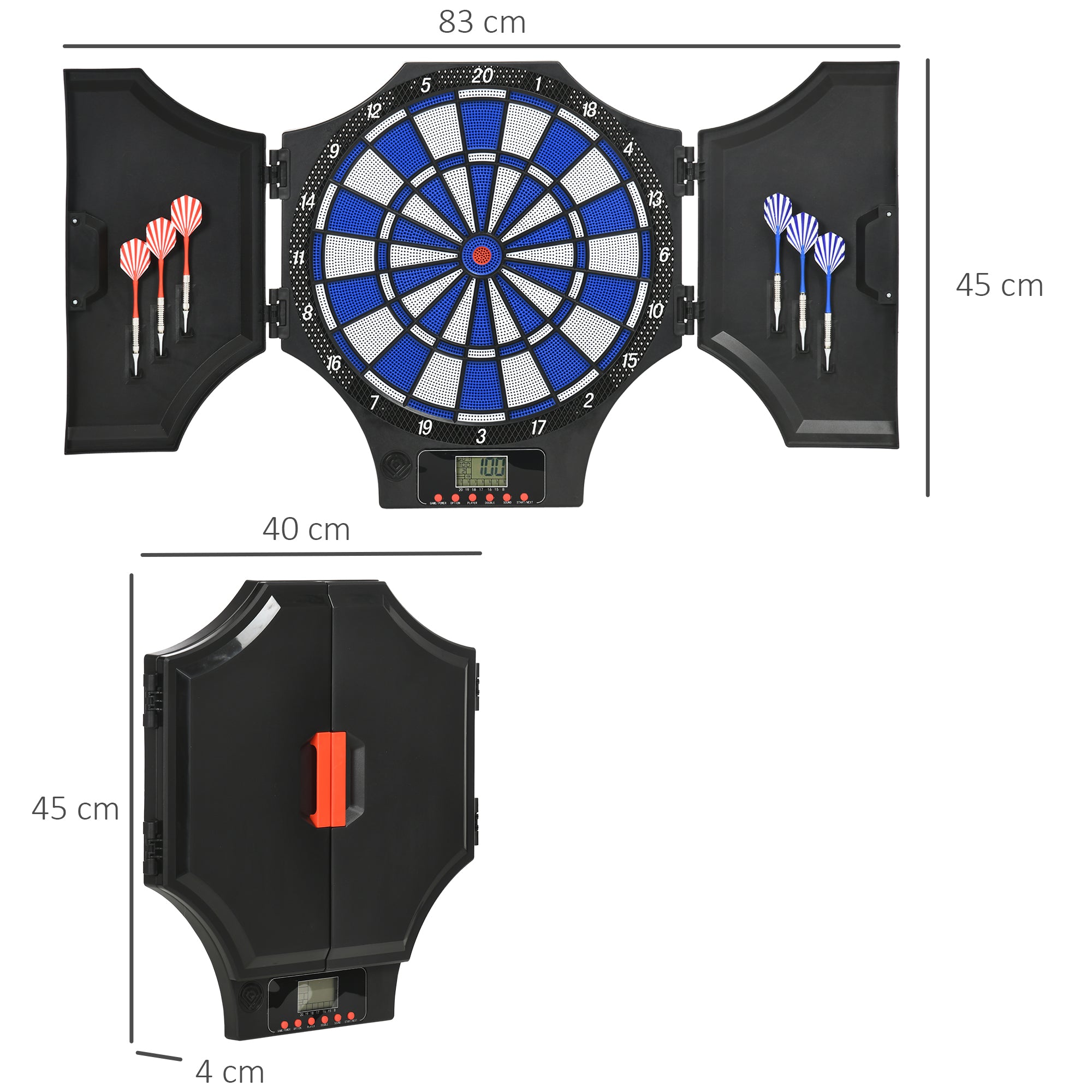SPORTNOW Dartscheibe, elektronisch, 31 Spiele und 285 Programme, für 8 Spieler, 2 Türen, 6 Pfeile, Sound, schwarz, 83 x 45 x 4 cm