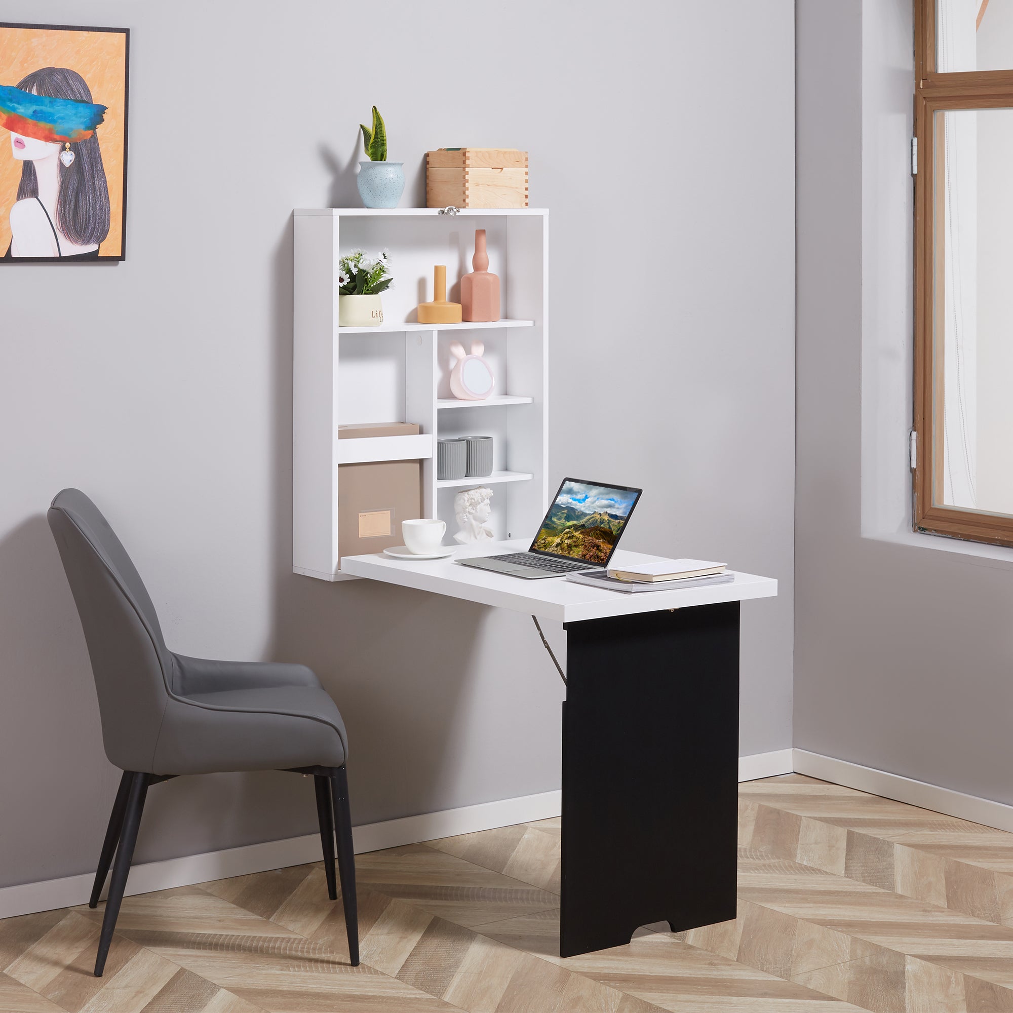 HOMCOM Wandschreibtisch, klappbare Tischplatte, 5 Fächer, 60x94,5x147cm, Schwarz/Weiß