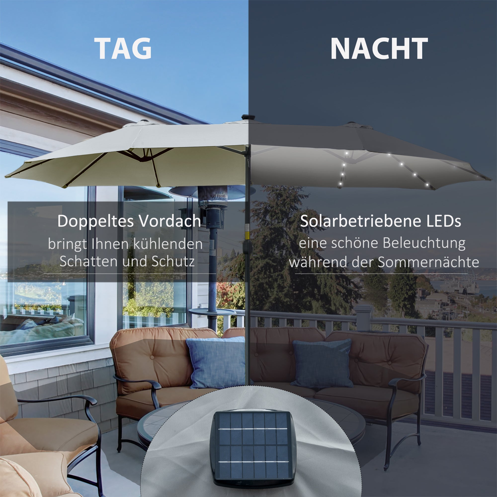 Outsunny Sonnenschirm mit LED Solar 4,5m Doppelsonnenschirm Gartenschirm Marktschirm Terrassenschirm Oval Hellgrau+Schwarz
