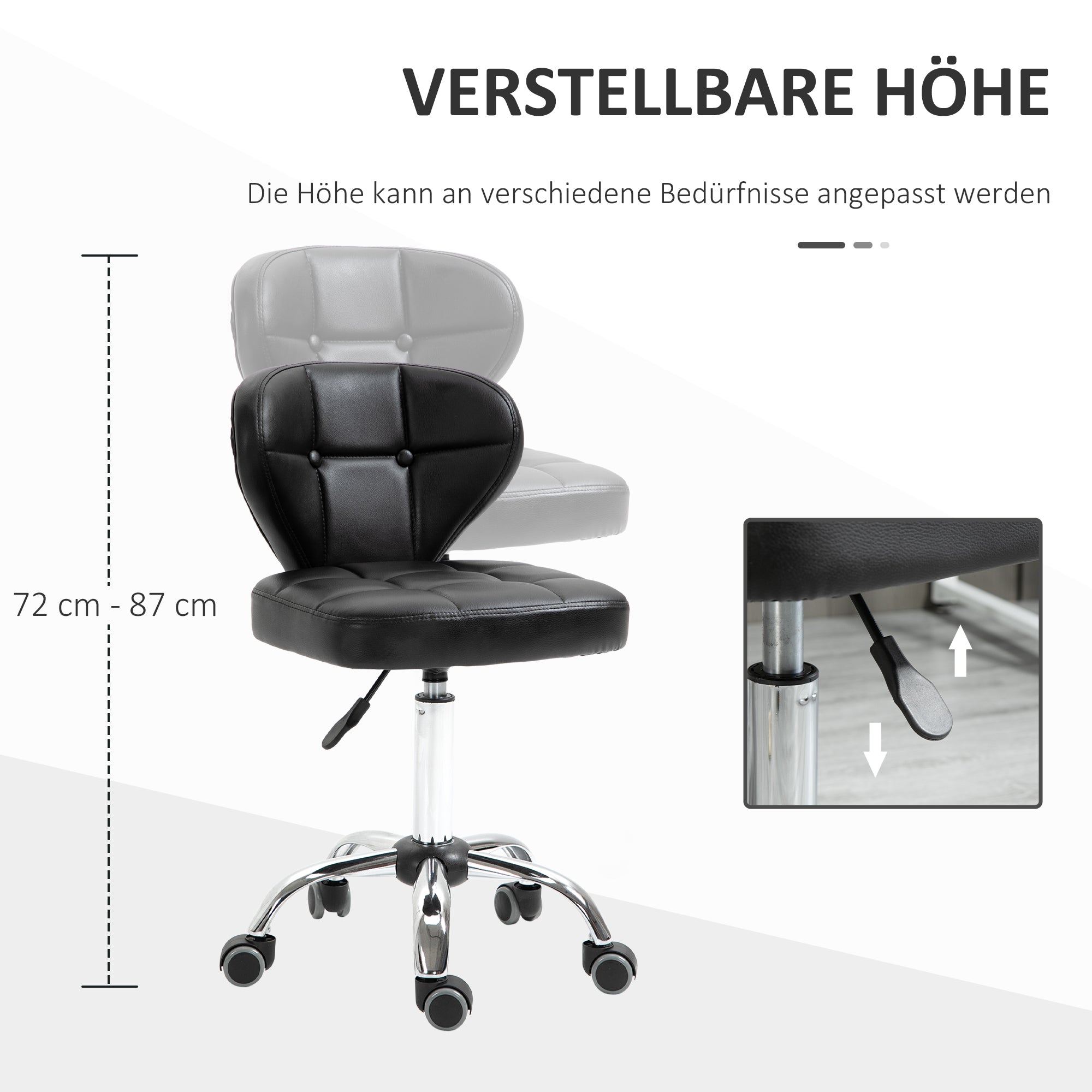 HOMCOM 2er-Set Arbeitshocker mit Rückenlehne Rollhocker aus Kunstleder Drehhocker mit Lehne Kosmetikhocker Rollhocker Bürohocker 72-87 cm höhenverstellbar Büro Dunkelgrau 45 x 47 x 72-87 cm