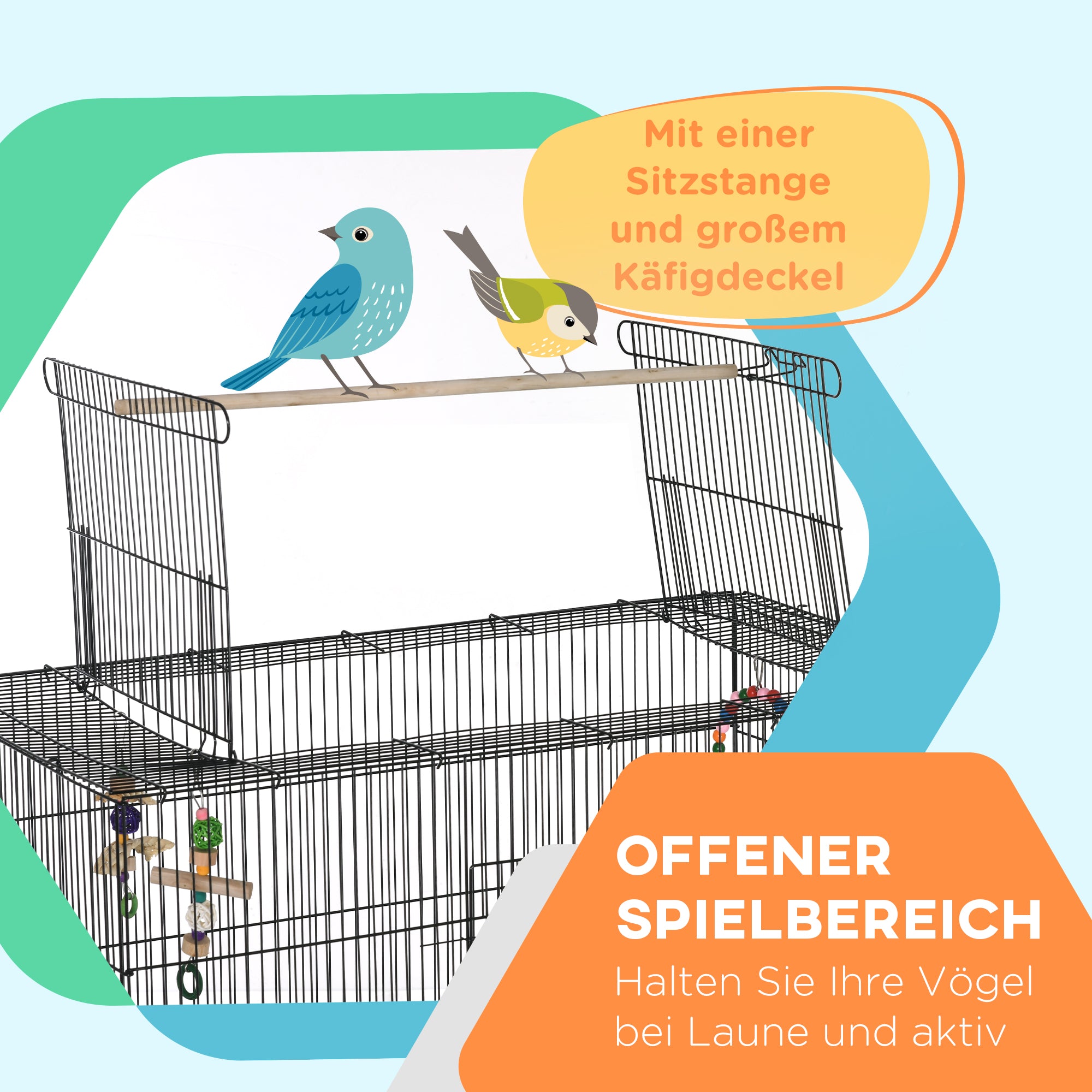 PawHut Vogelkäfig inklusive Sitzstangen, Vogelspielzeug, herausnehmbare Bodenwanne, Schwarz
