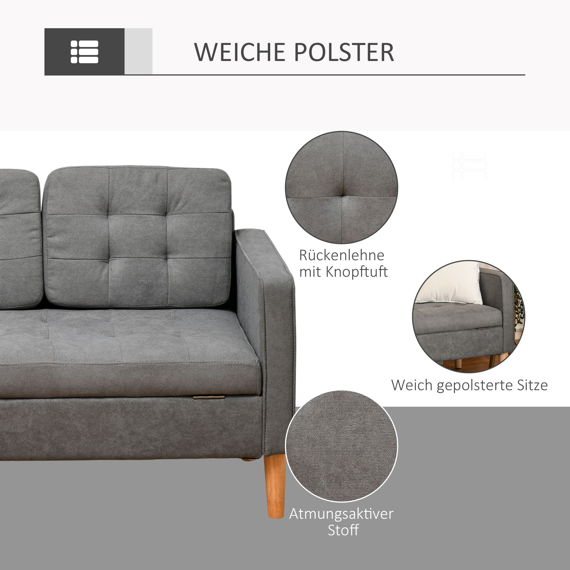 HOMCOM 3 Sitzer Sofa, Couch mit Stauraum, Holzbeine, Gepolsterter Polstersofa mit Samtoptik für Wohnzimmer, Schlafzimmer, 166,5 x 62 x 82 cm, Grau