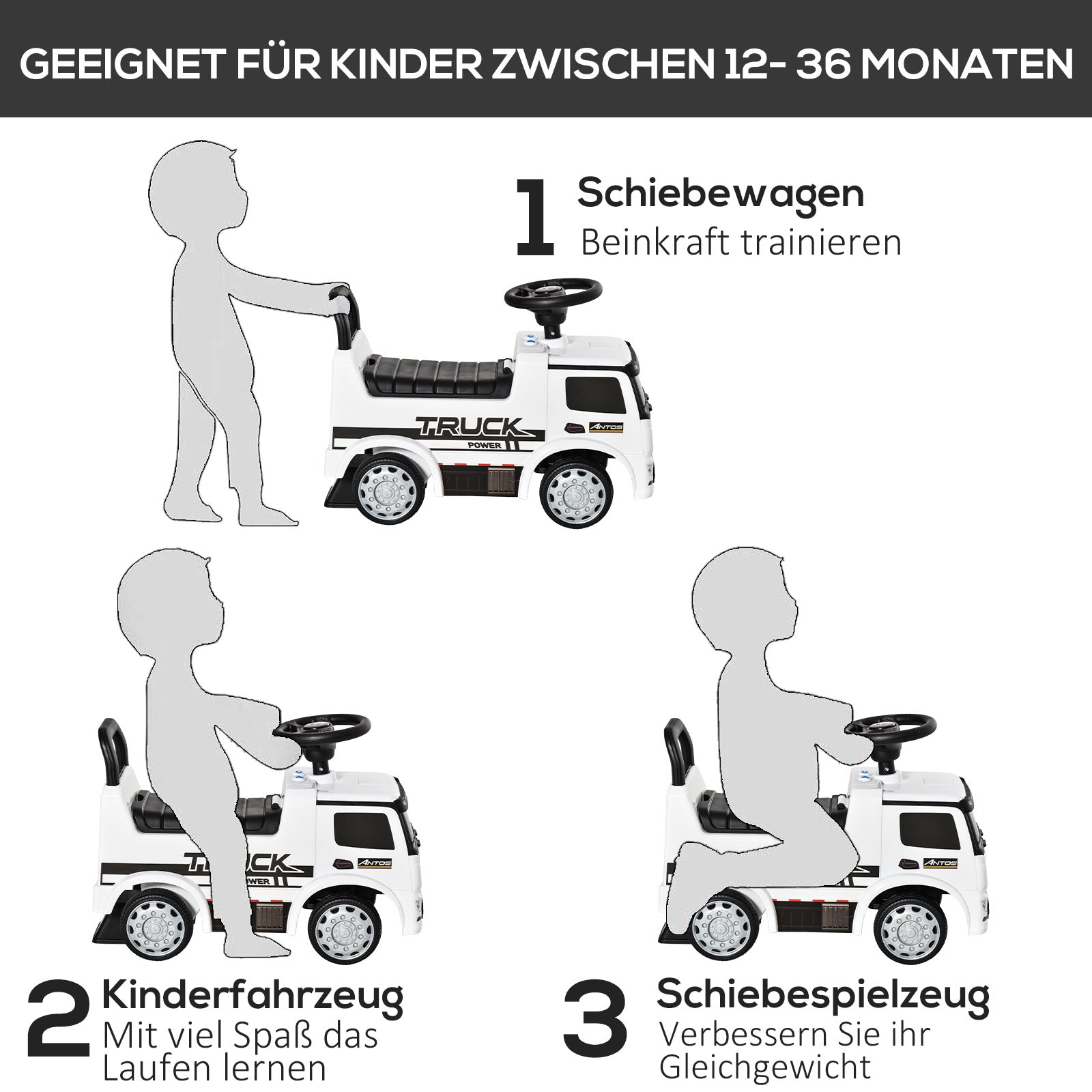 HOMCOM Rutscherfahrzeug Rutscherauto Babyrutscher Kinderfahrzeug lizenziert von Mercedes ANTOS-LKW-Stil mit Licht für Kinder von 12 bis 36 Monaten Metall PP-Kunststoff Weiß+Schwarz 62,5x28,5x45cm