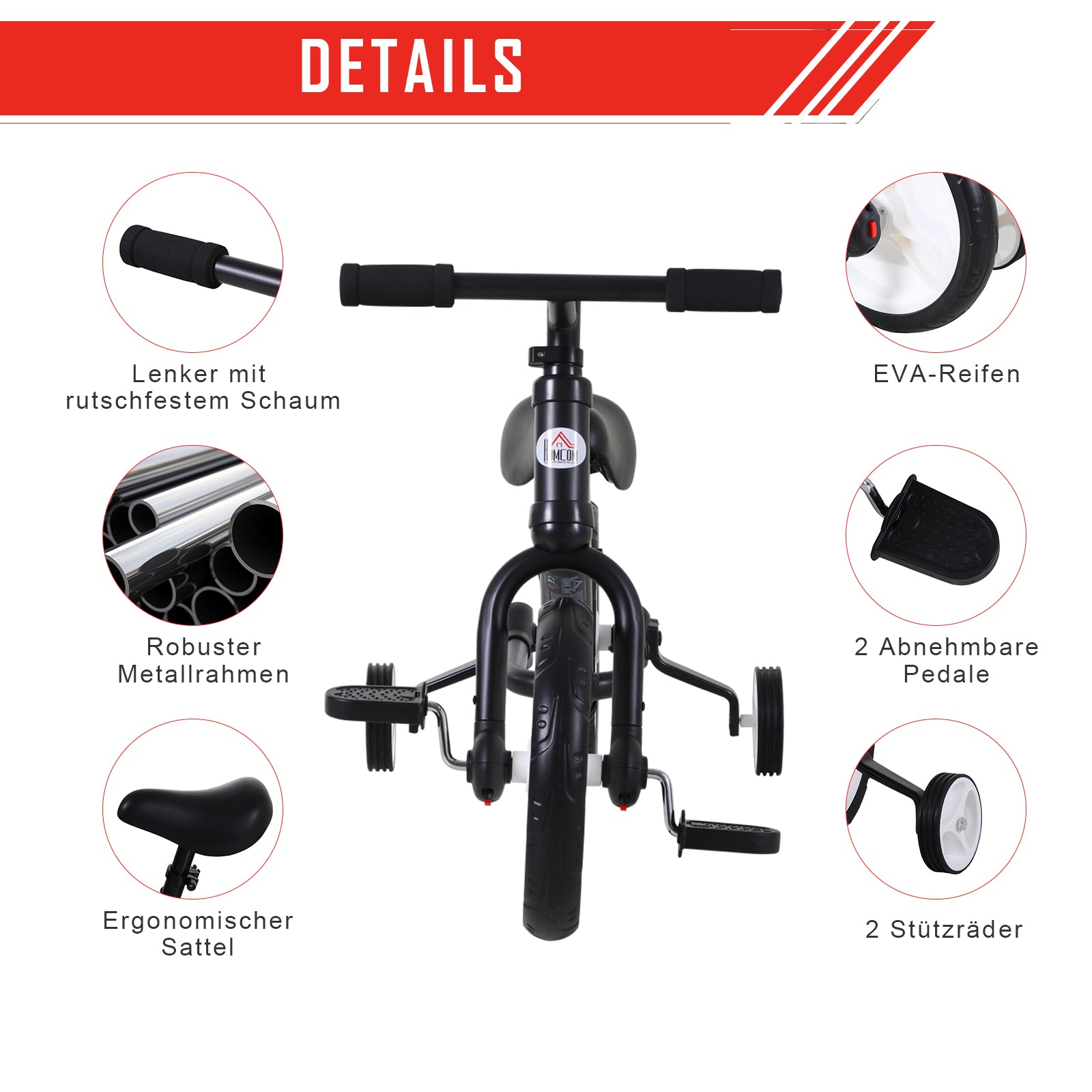 HOMCOM Kinder Laufrad, Lauflernrad, Kinderfahrrad, 2-in-1, Kinderrad mit Stützrädern und Pedalen, 2-5 Jahre, Sitzhöhenverstellbar, PP, Schwarz, 85 x B36 x H54 cm