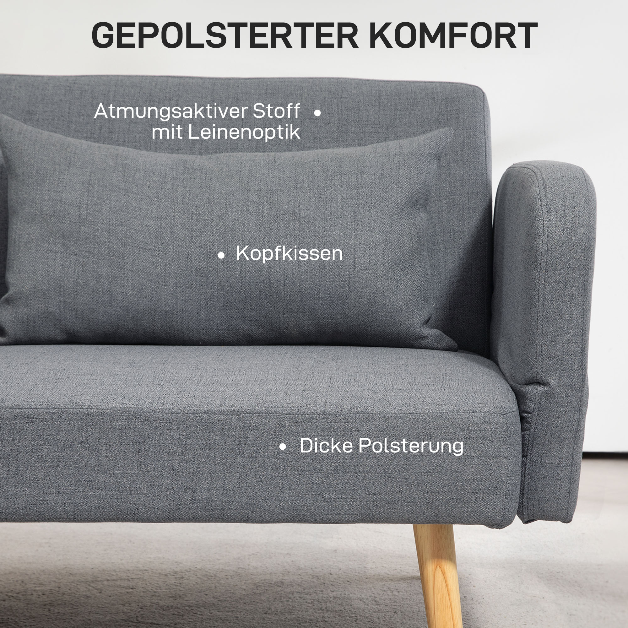HOMCOM 3-Sitzer Schlafsofa, Gäste-Doppelbett, bis 240 kg, Klapplehnen, Holzrahmen, 170 x 83 x 80 cm, Grau
