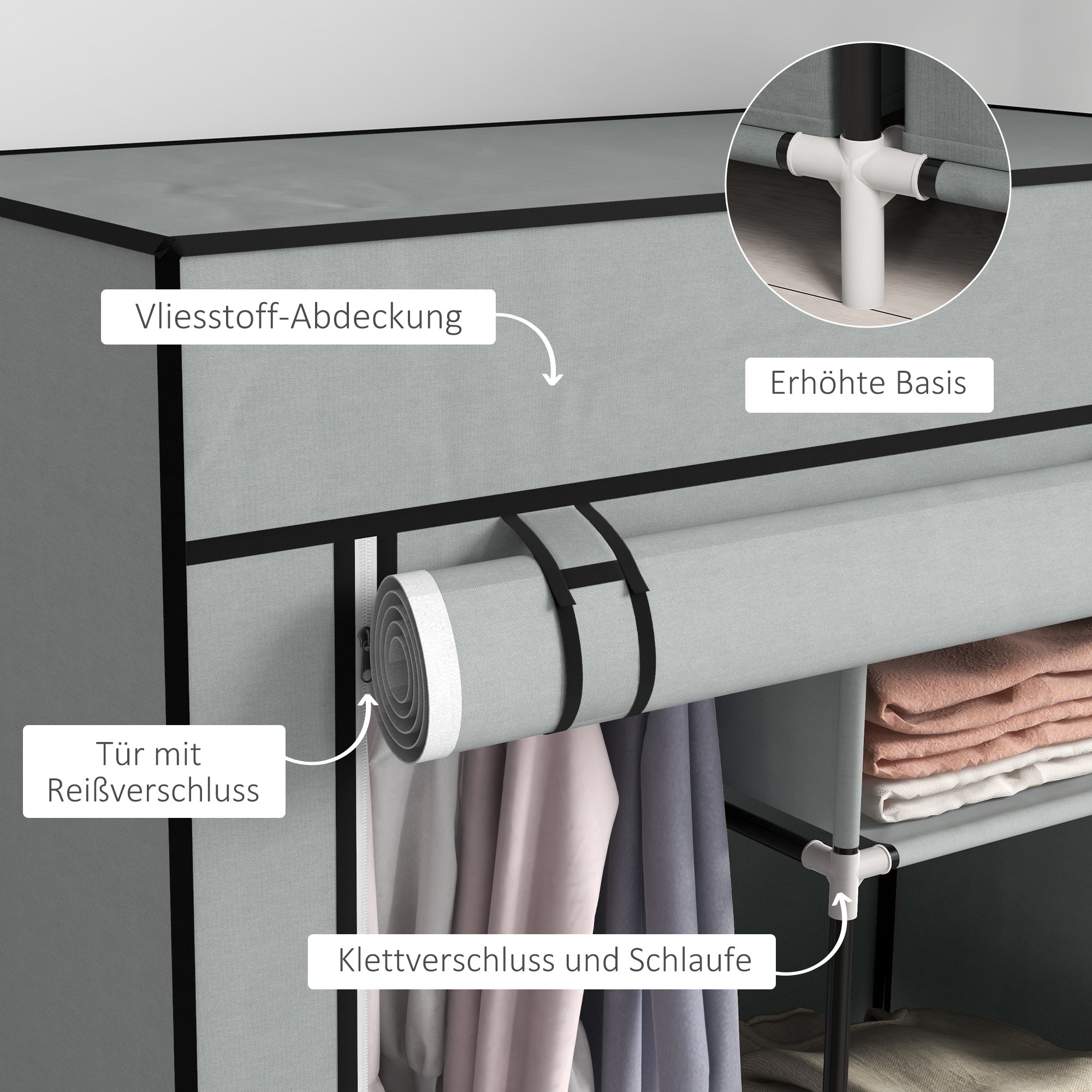 HOMCOM Kleiderschrank Stoffschrank 1 Kleiderstange, 2 Schubladen, 83 x 42.5 x 162,5 cm, Grau
