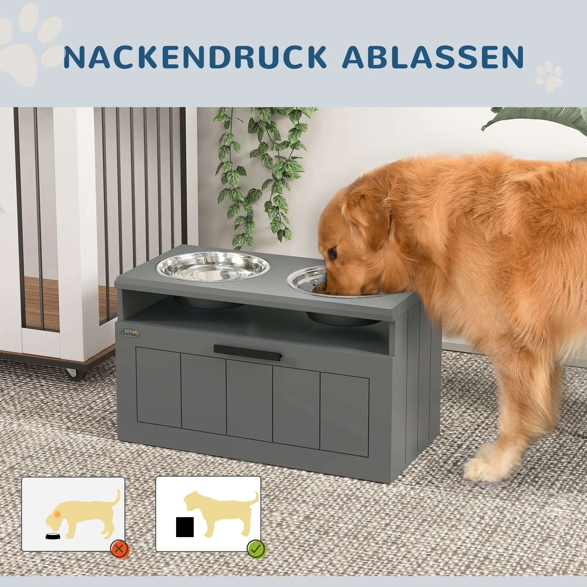 PawHut Futterstation für große Hunde, mit 2 Edelstahlnäpfen, Schublade, Futterspender für Haustiere, MDF, Stahl, Grau