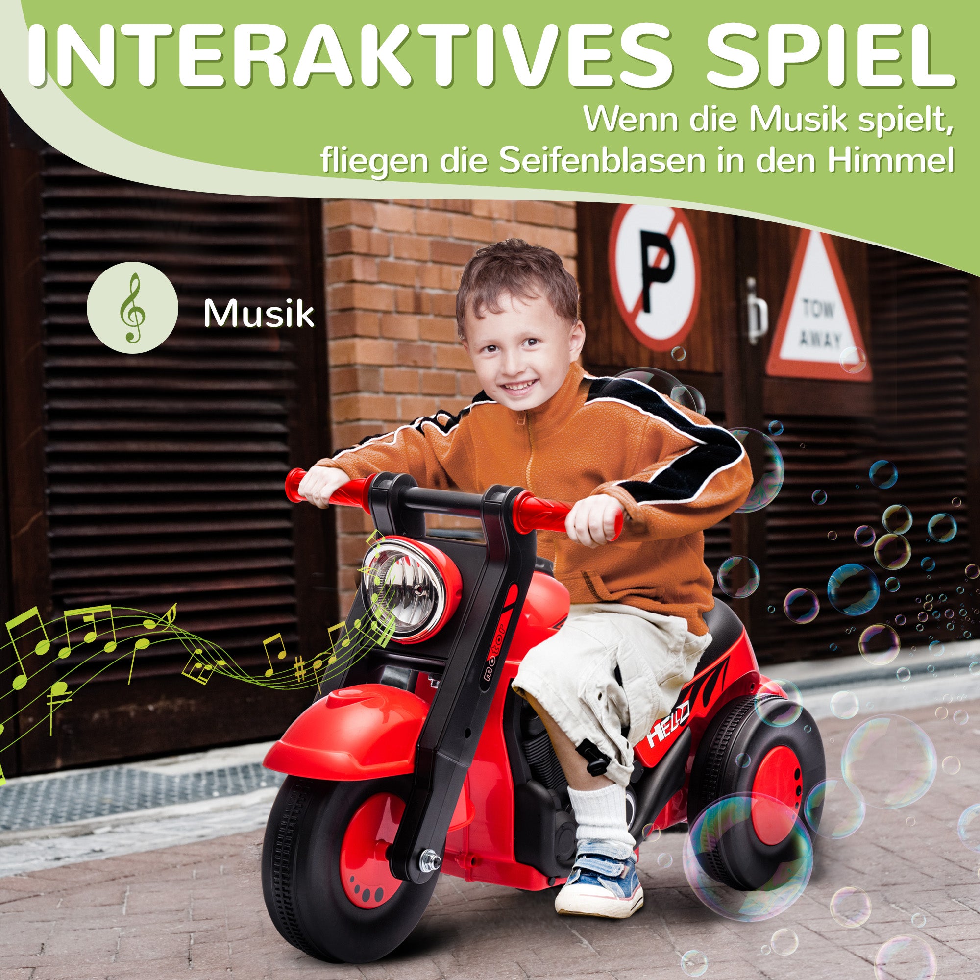 AIYAPLAY Rutschauto, Motorrad-Design, Musik und Seifenblasen, für 2-5 Jahre, Rot