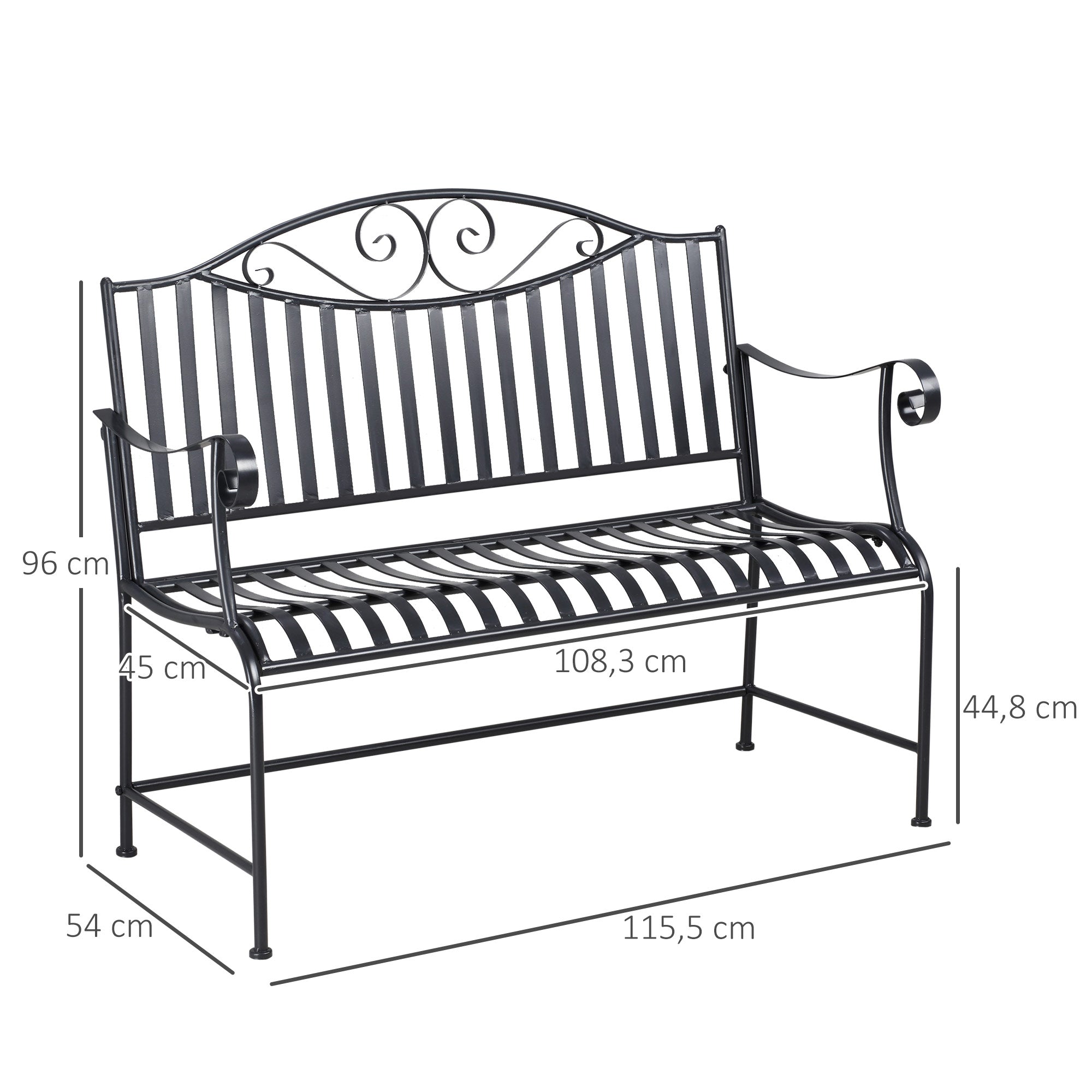 Outsunny Gartenbank Sitzbank Parkbank 2-Sitzer Metallbank Stahlrahmen mit Armlehne für Garten Balkon und Terrasse bis 220 kg belastbar Grau 115,5 x 54 x 96 cm