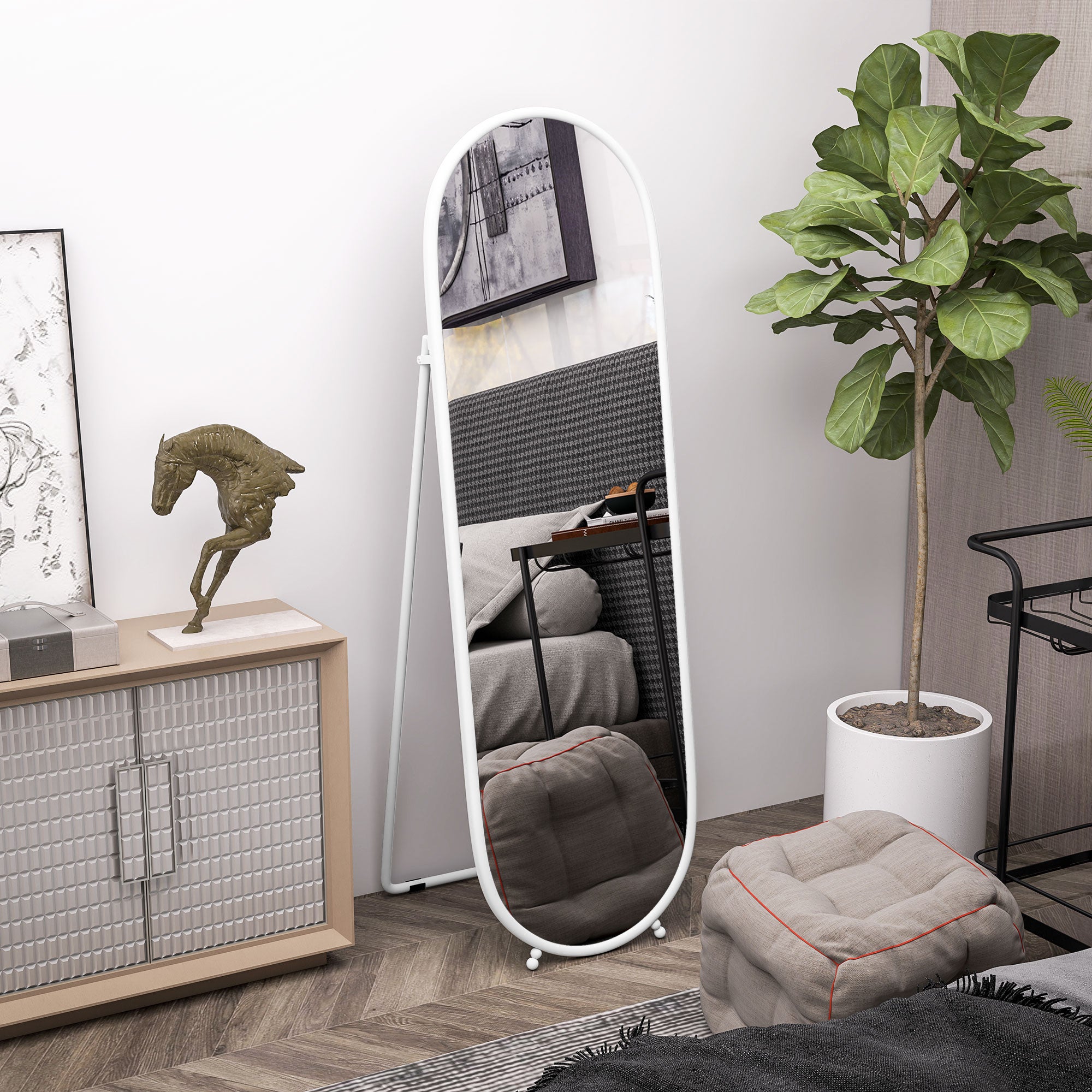 HOMCOM Ganzkörperspiegel, ovale Form, freistehend, Metallrahmen, 40x160cm, Farbe: Weiß