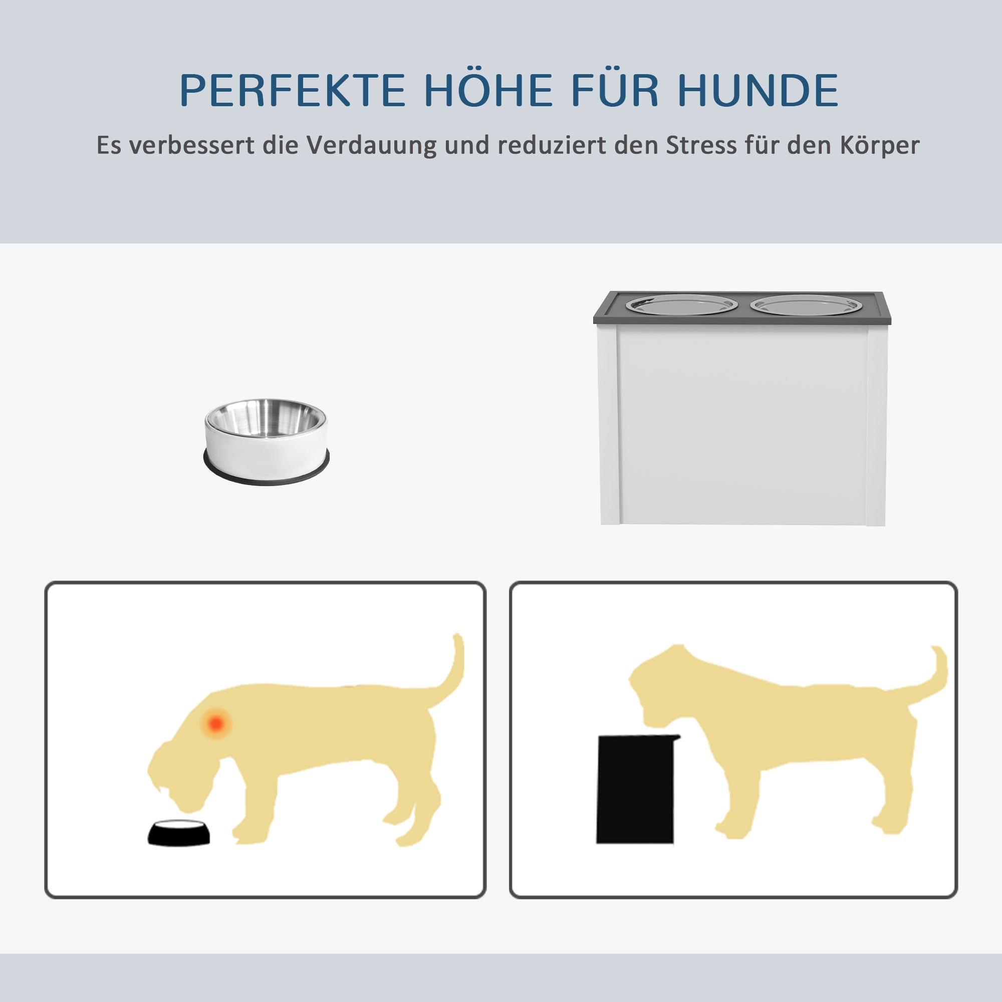 PawHut Futterstation Erhöhte Fressnäpfe 1 Stauraum 2 Edelstahl-Futternäpfe, 60 x 30 x 42cm, Weiß + Grau
