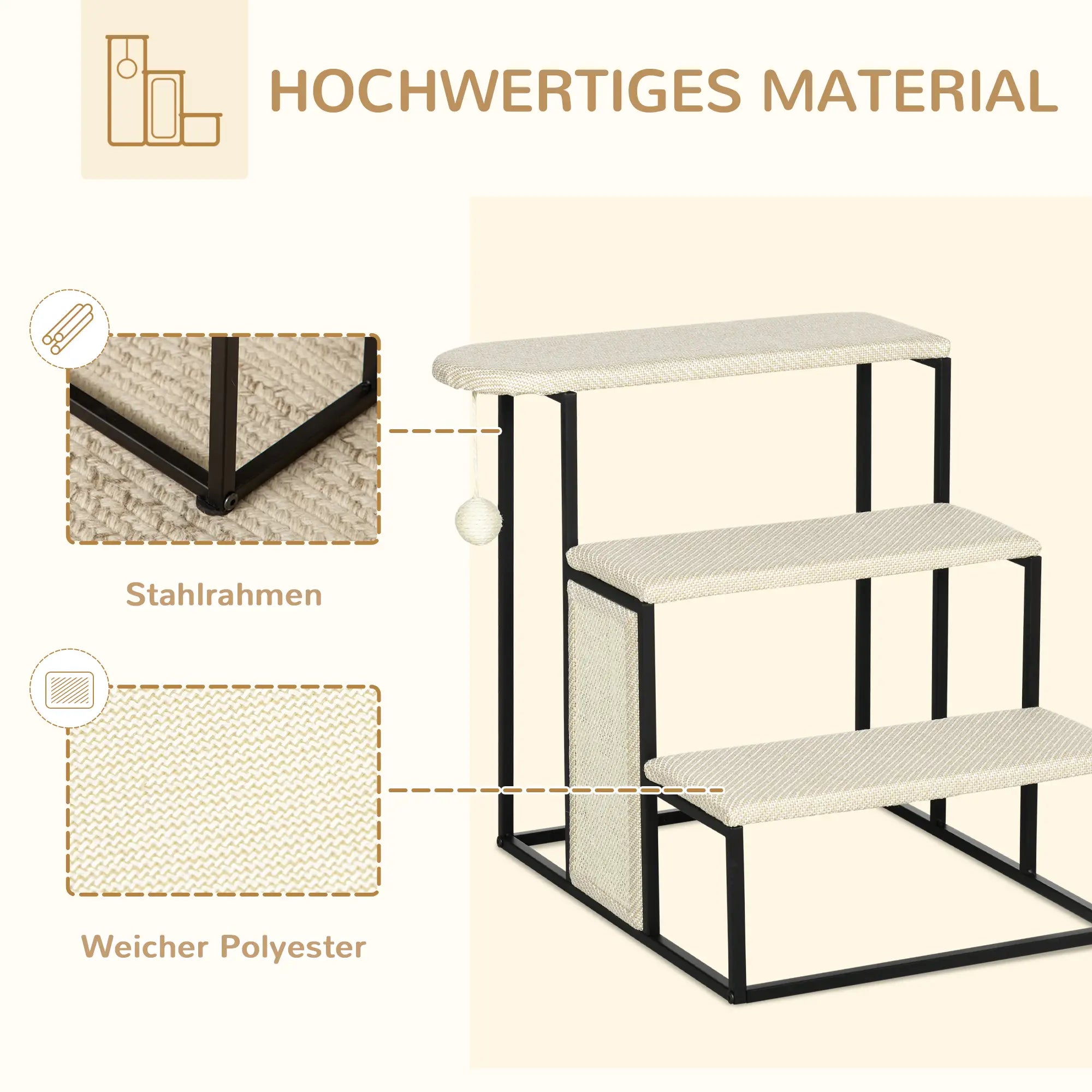 PawHut Katzentreppe, mit Kratzbrett, 3 Stufen, Spielball, robust, Stahl+Sisal, cremeweiß+schwarz, 51 x 54 x 53cm