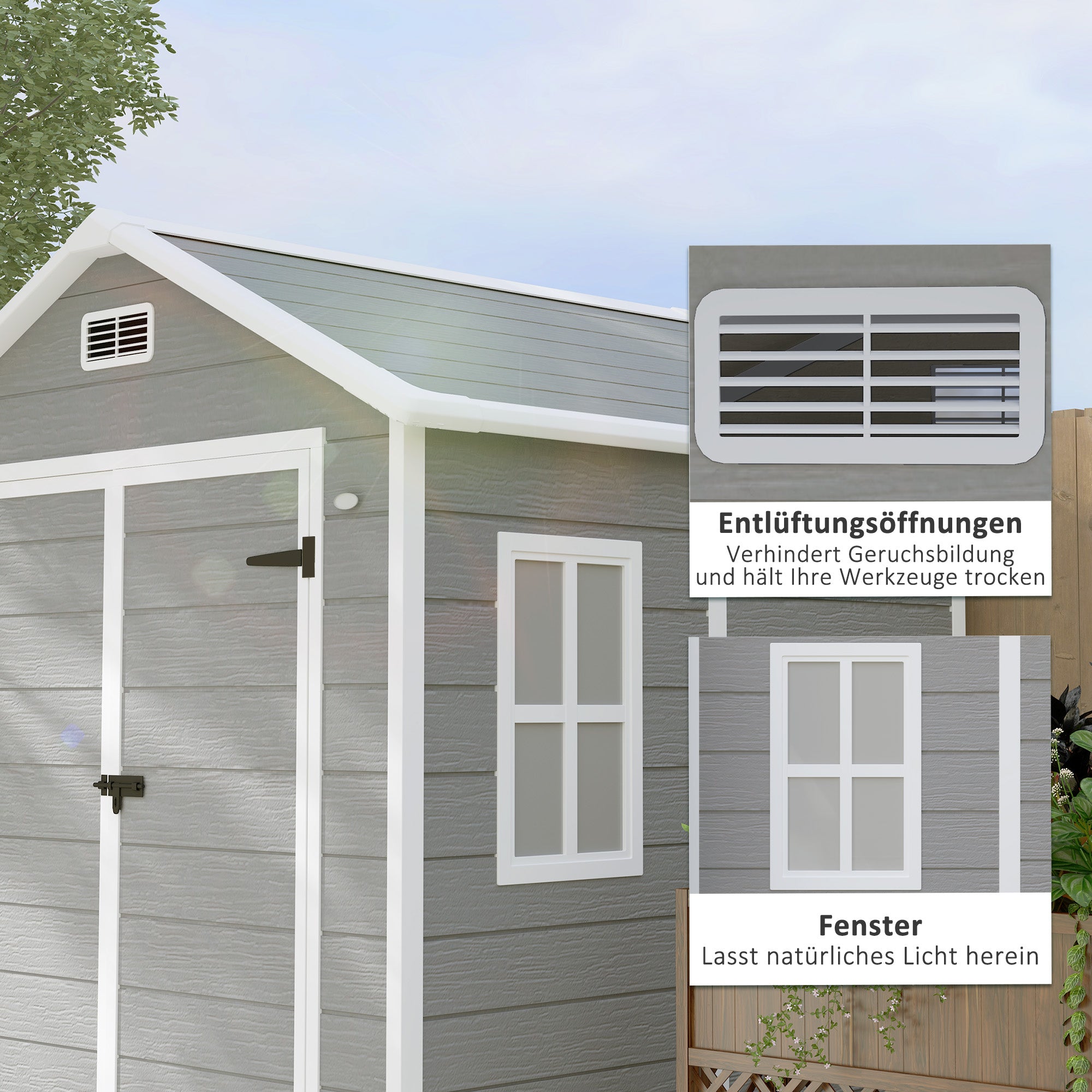 Outsunny Gartenschuppen, Geräteschuppen mit Boden, verschließbare Türen, Lüftungsöffnungen, Fenster, Holzoptik, Kunststoff, Grau