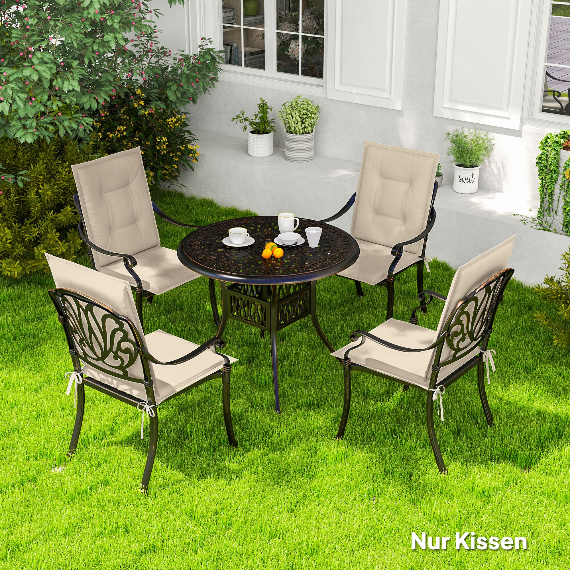Outsunny 4er Set Sitzkissen 108 x 50 x 5 cm Stuhlkissen mit Bändern, Outdoor Indoor Sitzauflage Beige