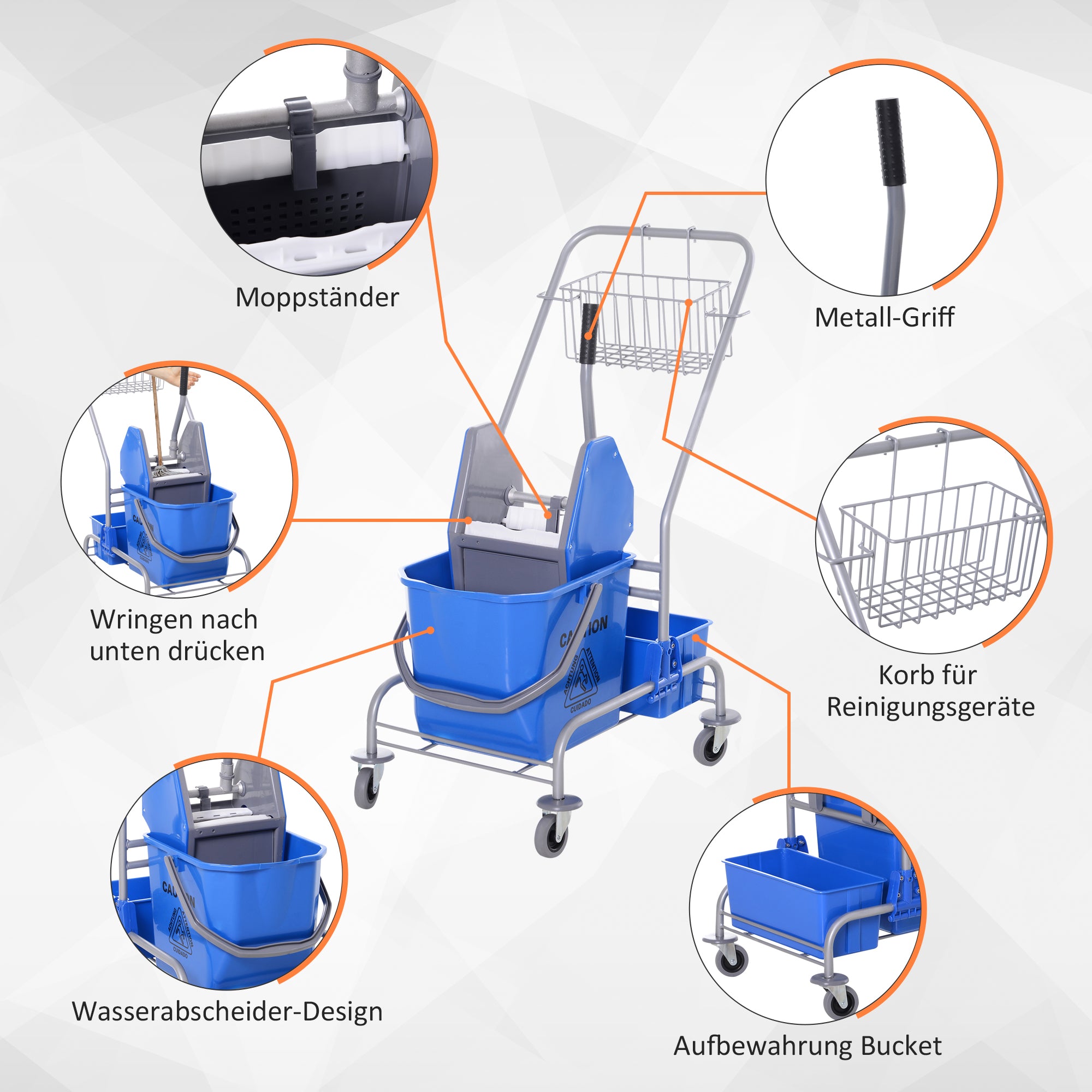 HOMCOM Reinigungswagen, Moppwagen, 25 L Fassungsvermögen, 4 Räder, Kunststoff, Blau
