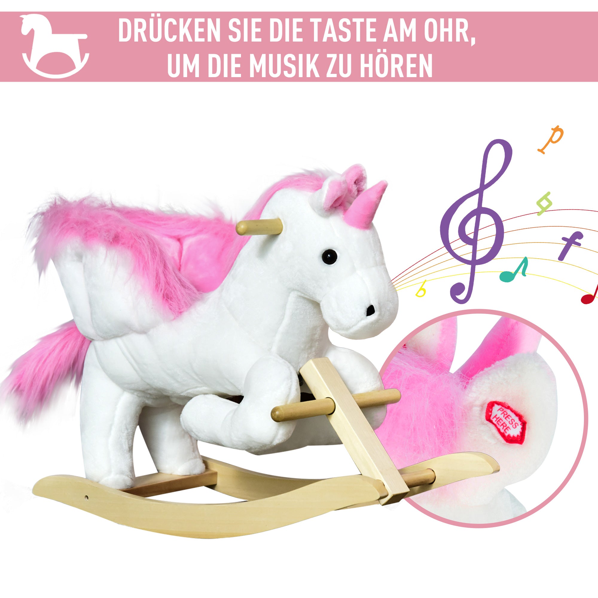 HOMCOM Schaukeltier Schaukeleinhorn mit Soundfunktion, Holzkufen und Griffen, Baby Schaukeltier mit Plüschoptik, für 1,5-3 Jahre Kinder