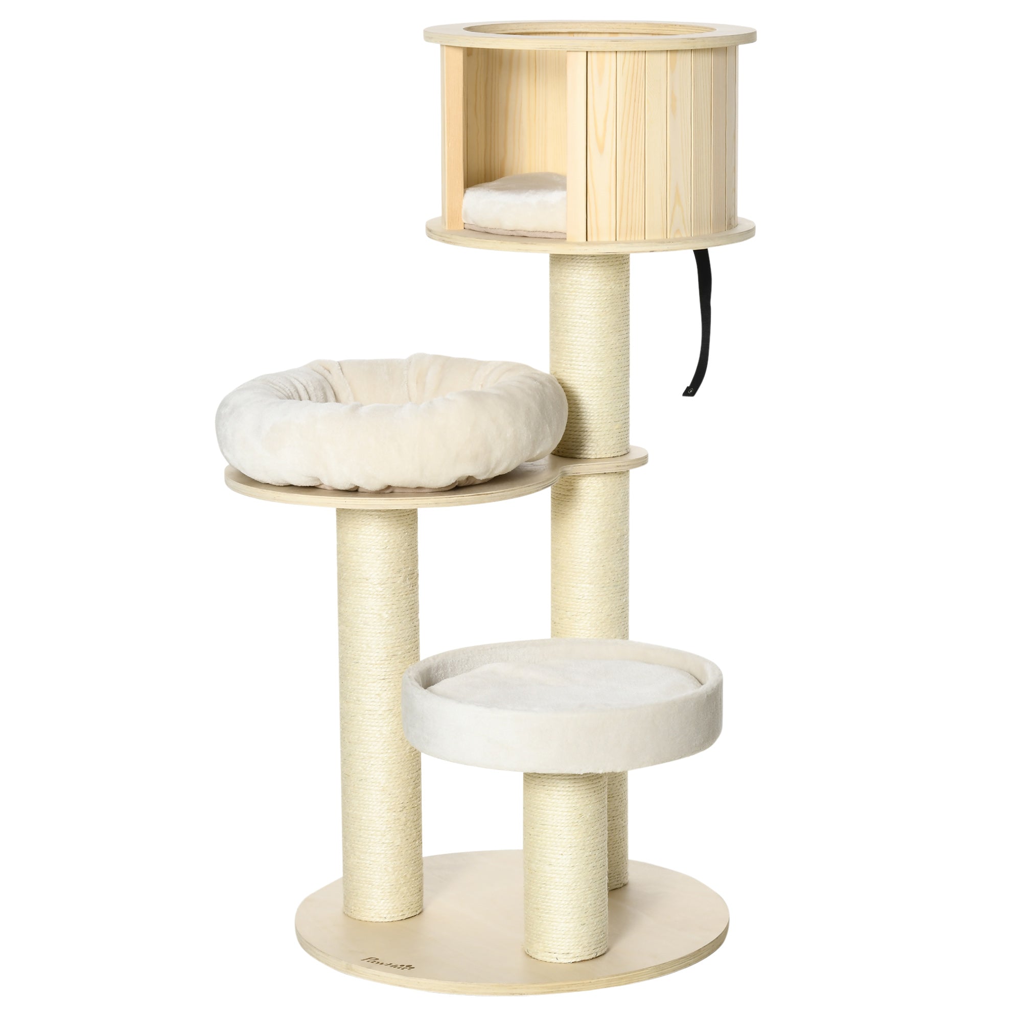 PawHut Kratzbaum Holz 122 cm hoch Katzenturm mit drei Ebenen, Sisalstämme, Plattform, mehrstöckiger Katzenkratzbaum, Kletterbaum für Katzen unter 4,5kg, Natur+Creme