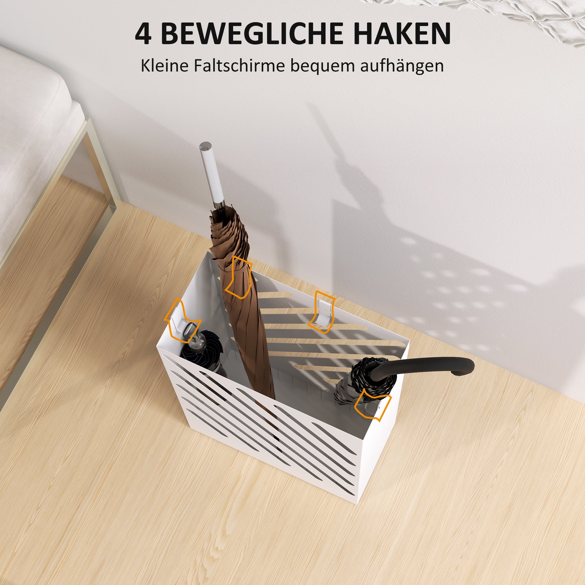 HOMCOM Regenschirmständer mit Tropfschale, 4 Haken, Stahl, 28L x 14B x 41H cm, Weiß