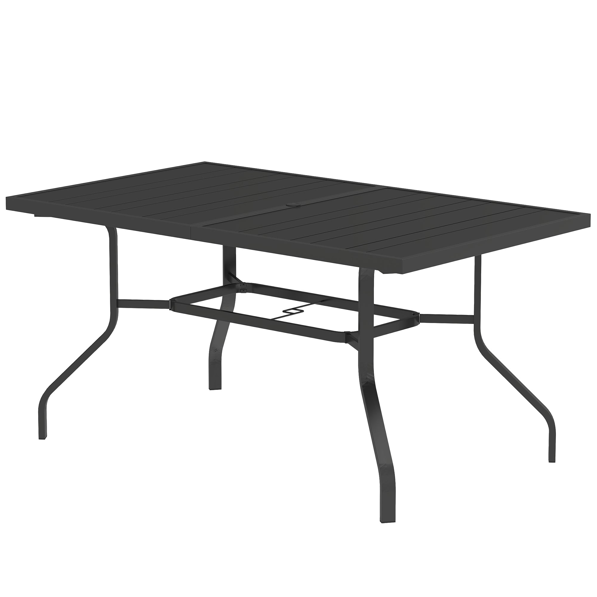 Outsunny Gartentisch 152x90 cm, Wetterfest Balkontisch aus Stahl, Beistelltisch mit Schirmloch, Latten-Design Schwarz