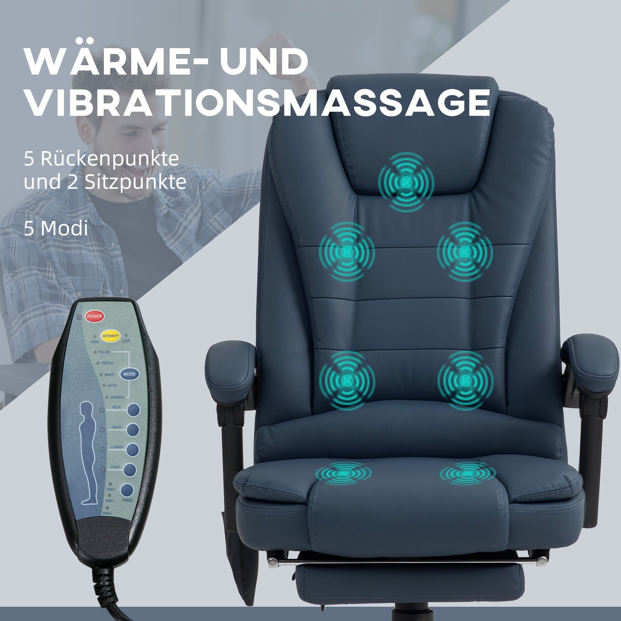 Vinsetto Massage-Bürostuhl, 7 Vibrationspunkte, verstellbare Fußstütze & Lehne, bis 120 kg, Lederoptik, Blau