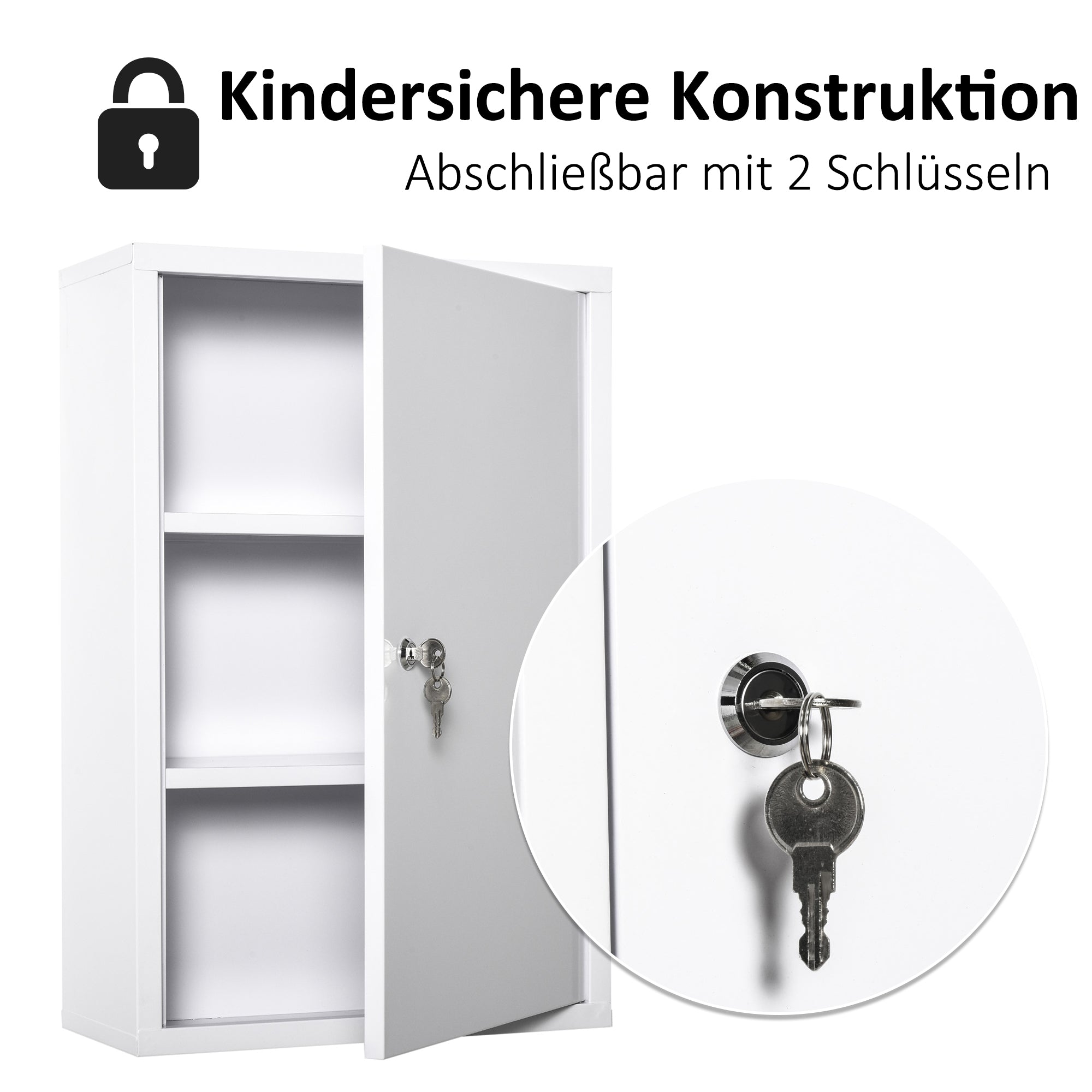 kleankin Medizinschrank Arzneischrank zur Medikamenten-Aufbewahrung, Abschließbar Medikamentenschrank Metall mit 3 Fächern Erste-Hilfe-Schrank, 40 x 18 x 60 cm, Weiß
