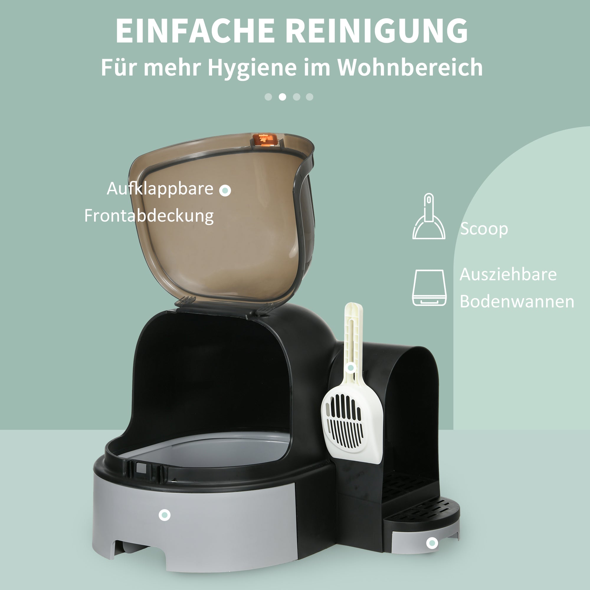 PawHut Katzentoillete Katzenklo, 2 herausziehbare Bodenwannen, 1 Schaufel, Streuauffangfach, Grau + Schwarz