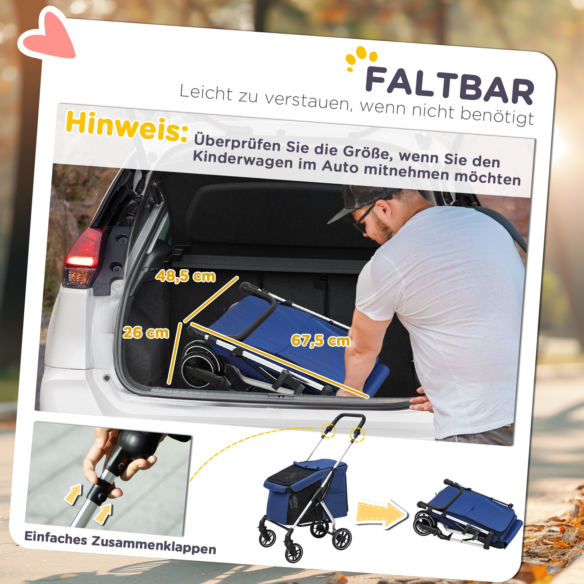 PawHut Hundewagen, Leichter und faltbarer Transportwagen für kleine Hunde, waschbares Kissen, Netzfenster, Dunkelblau